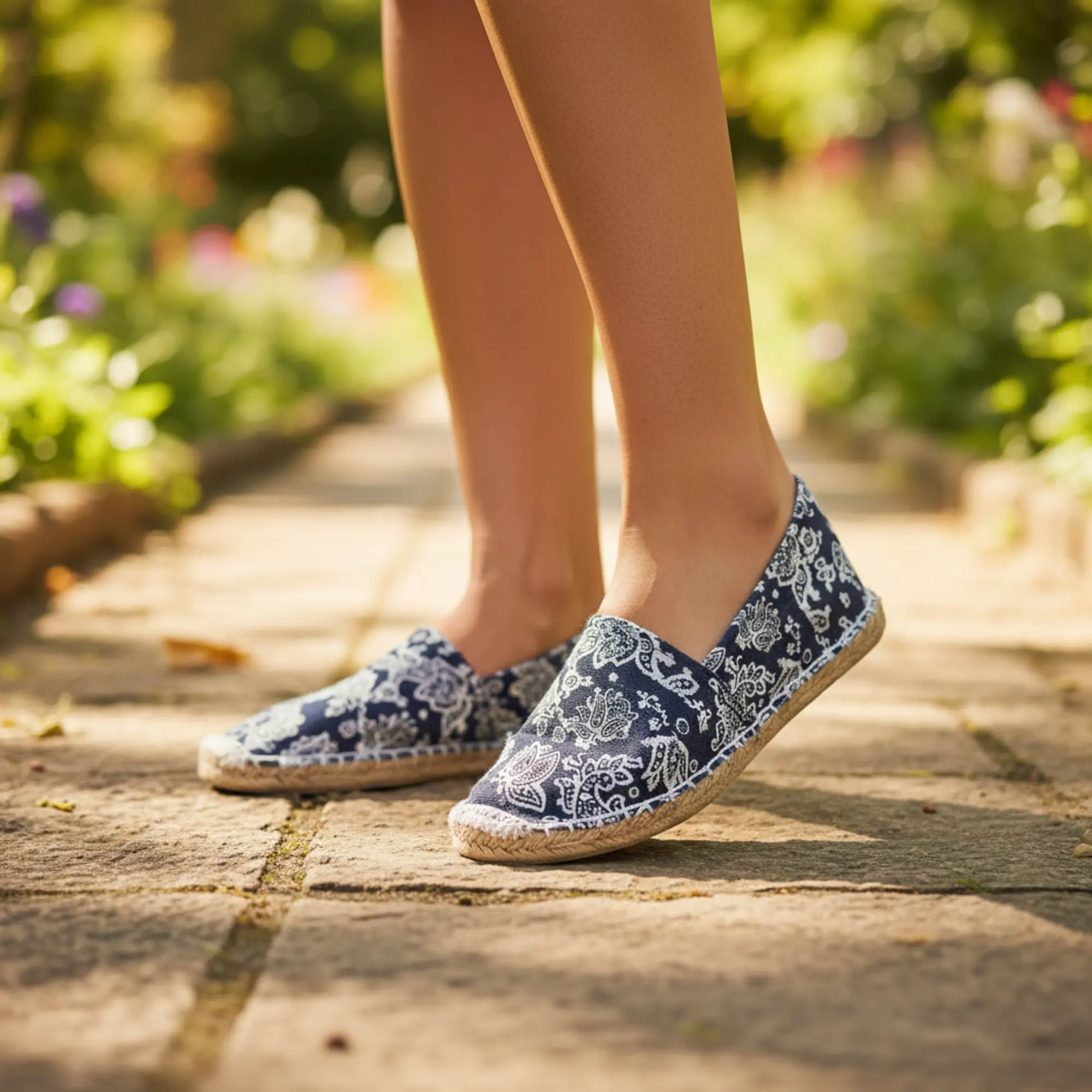 Füße einer Frau, die im Freien marineblaue Espadrilles mit Paisleymuster trägt