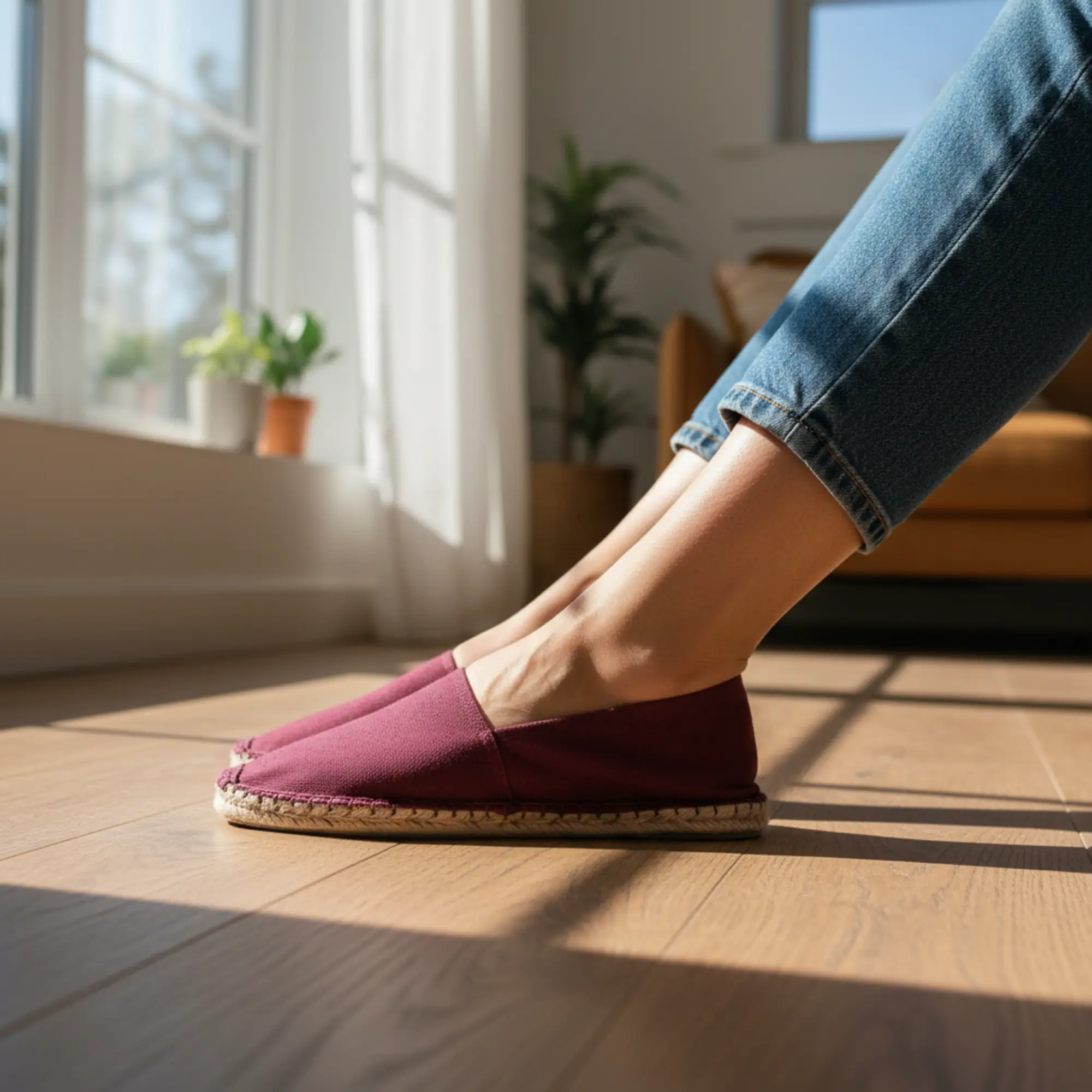Person in roten Espadrilles auf Holzboden.