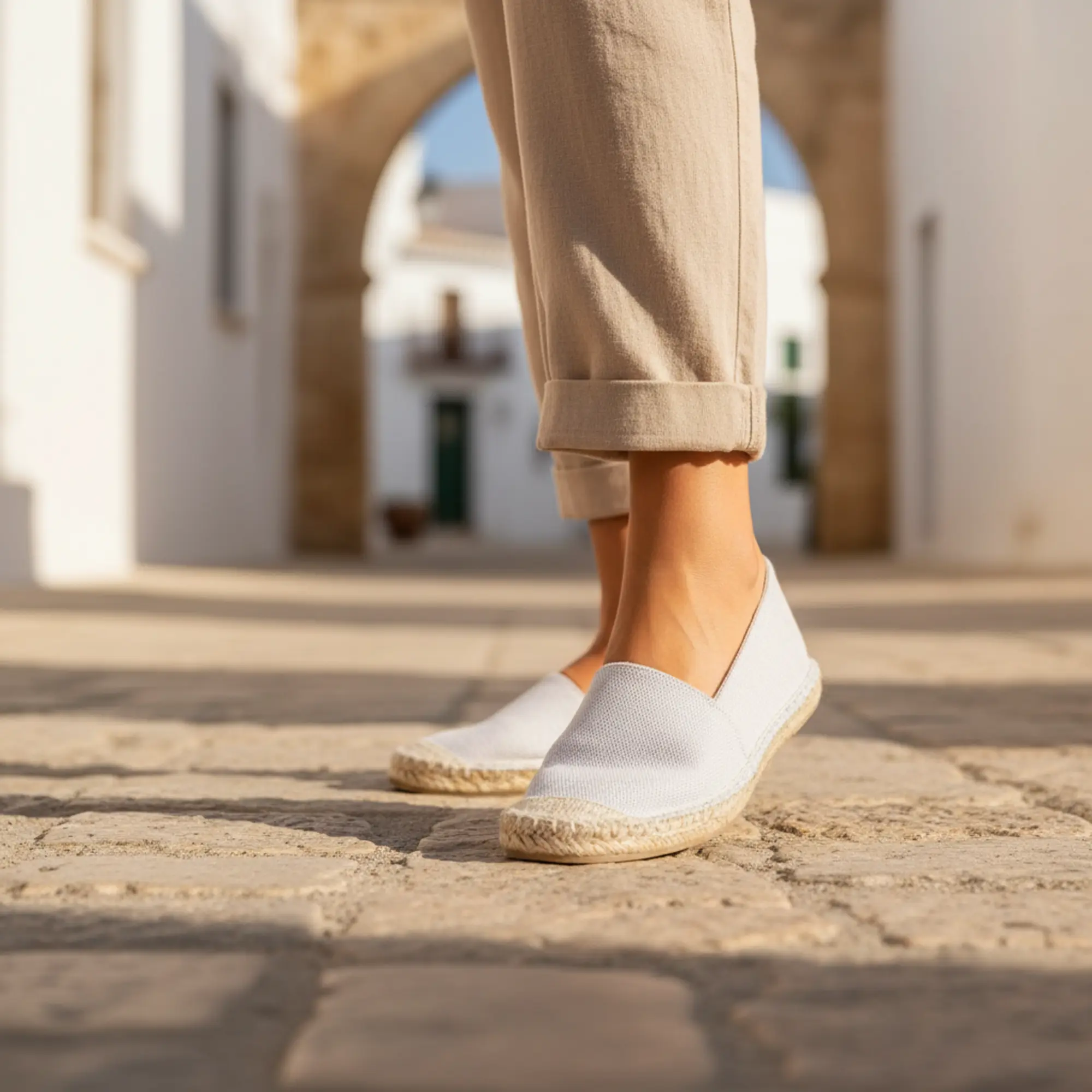 Espadrilles mit weißem Canvas-Bezug, im Freien getragen.