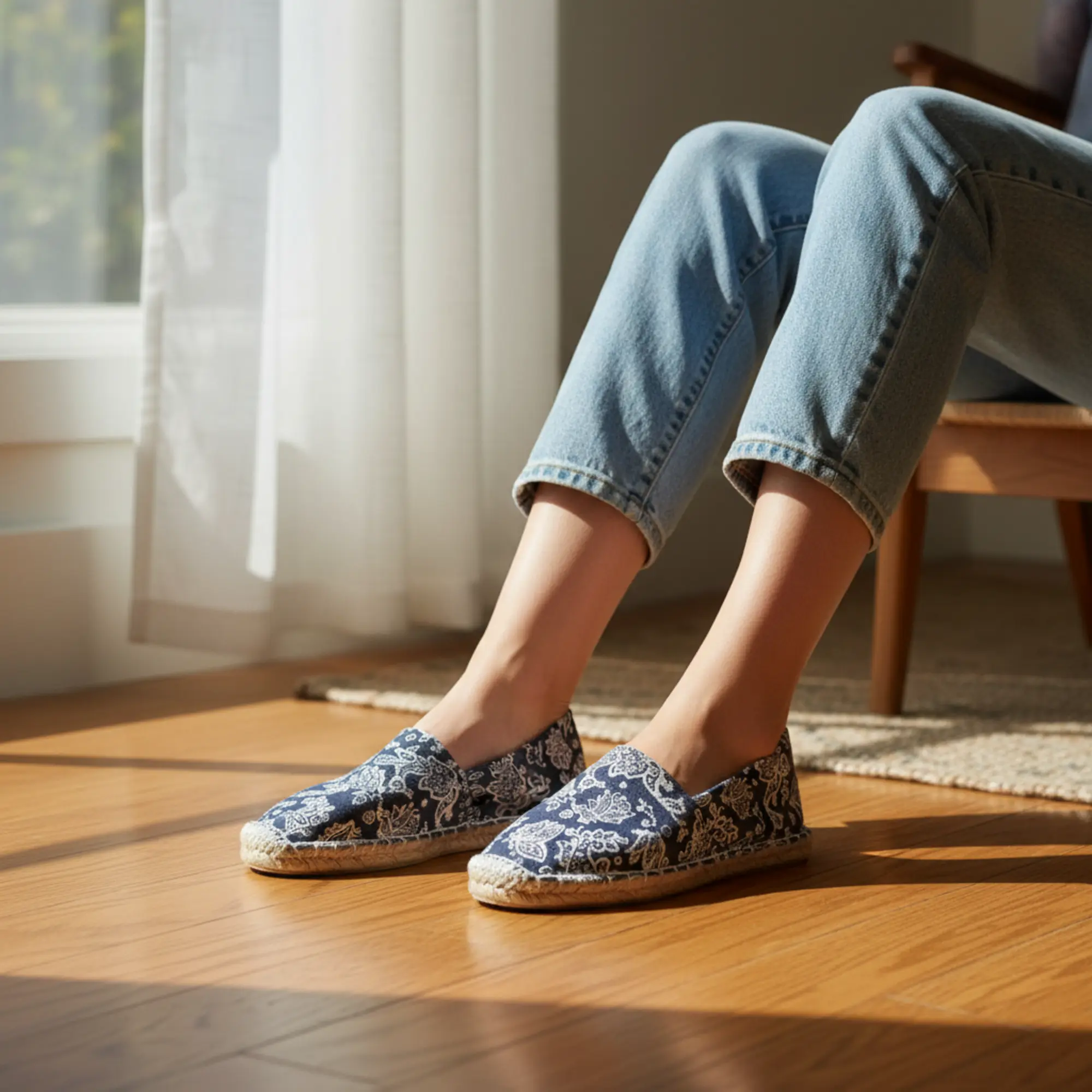 Frau trägt in Innenräumen blaue Espadrilles aus Canvas mit Paisleymuster.