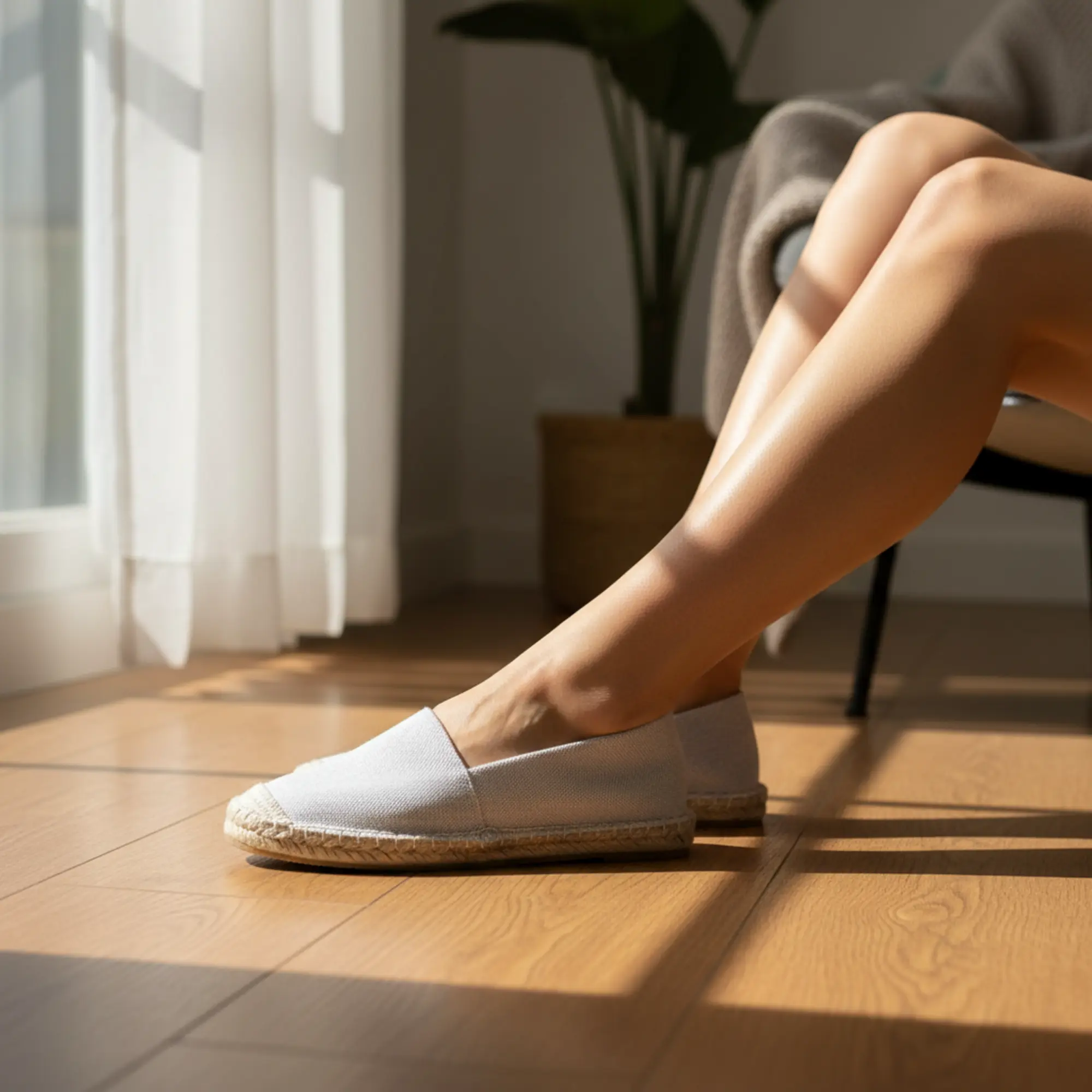Frau in weißen Espadrilles im Sonnenlicht in einem Innenraum.