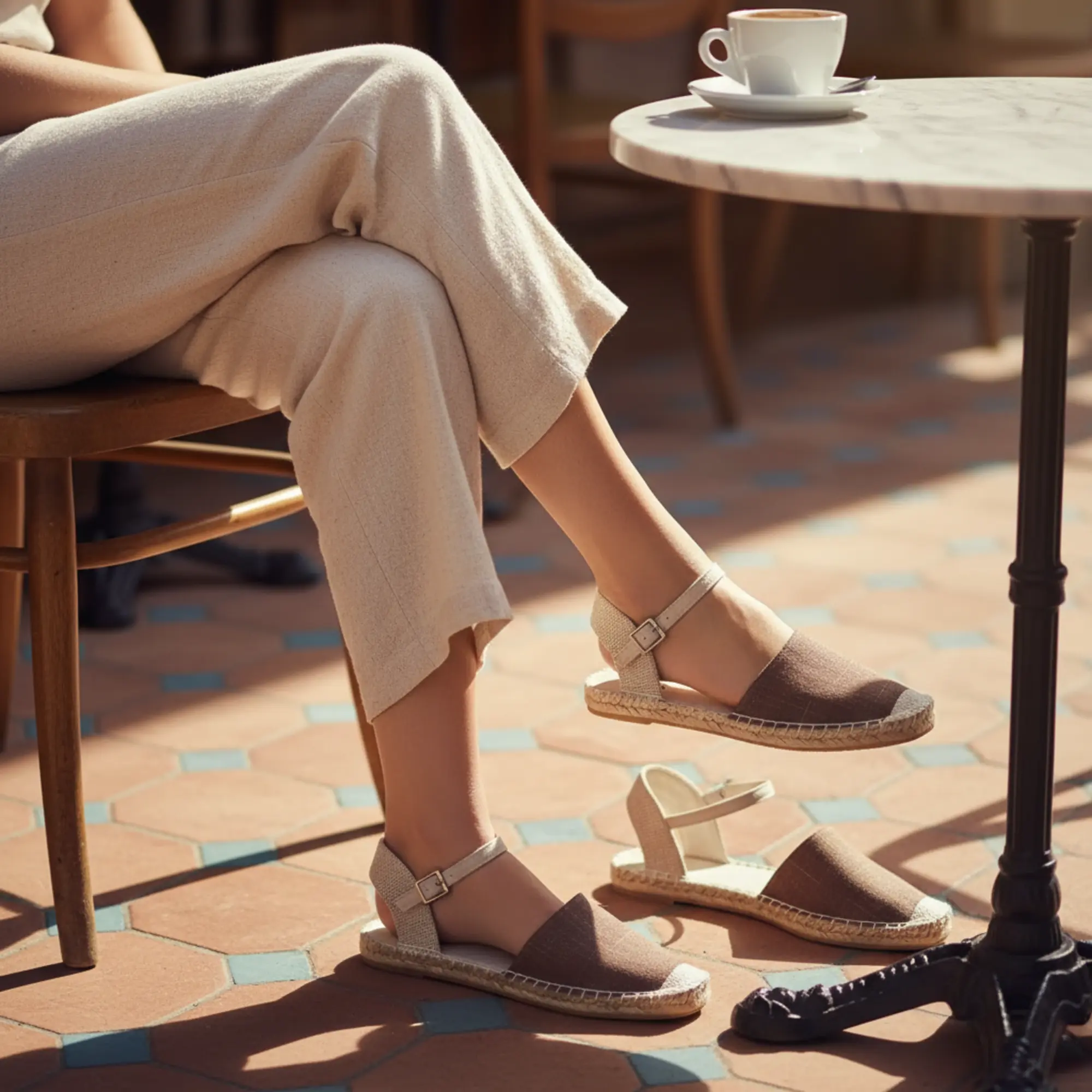 Person mit braunen Espadrillesandalen im Café.