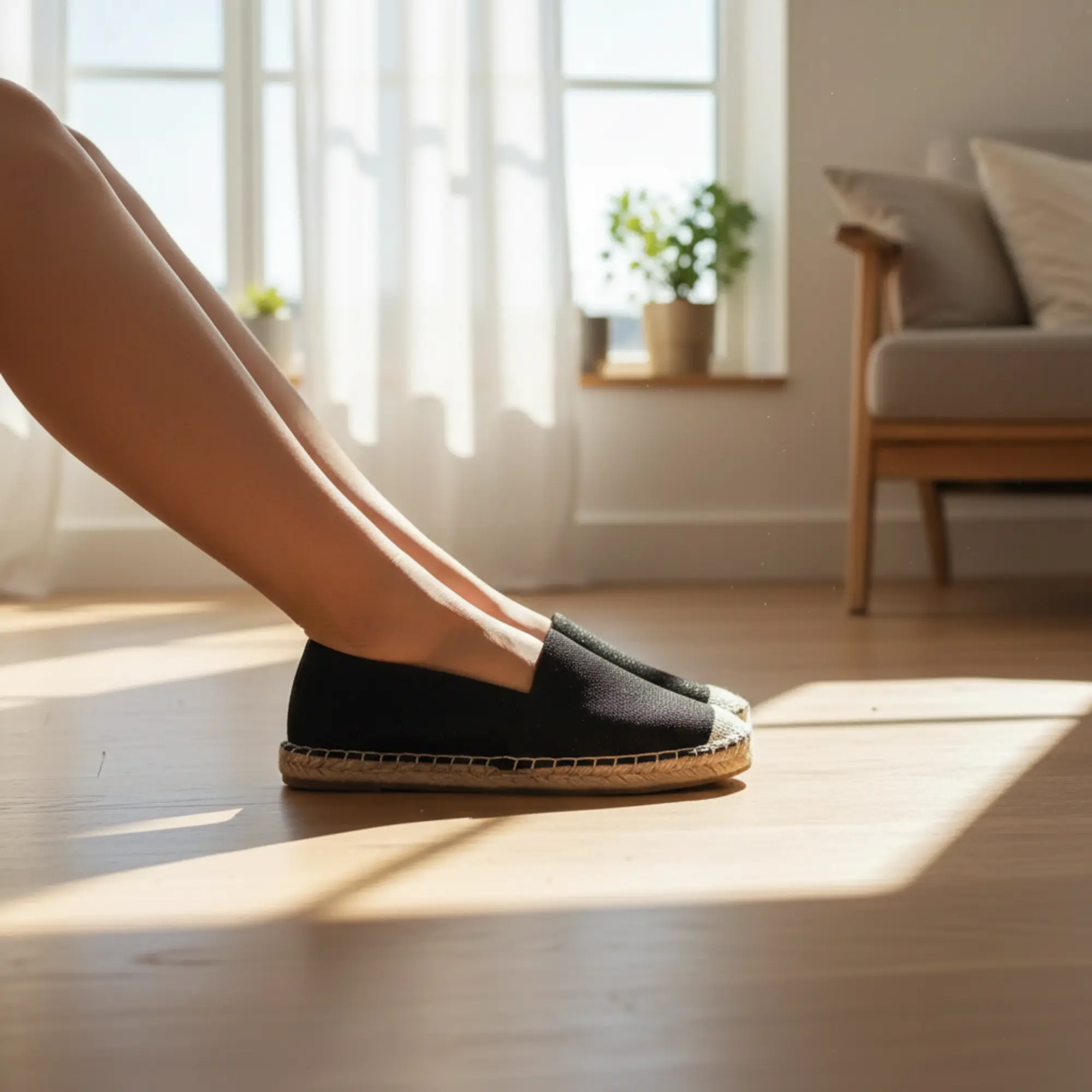 Schwarze Espadrilles an den Füßen einer Frau im Sonnenlicht.