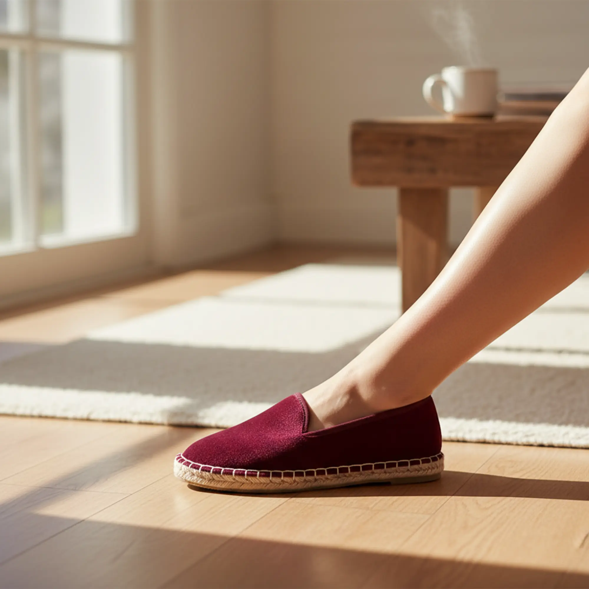 Burgunderrote Samt-Espadrilles auf dem Boden neben dem Teppich.