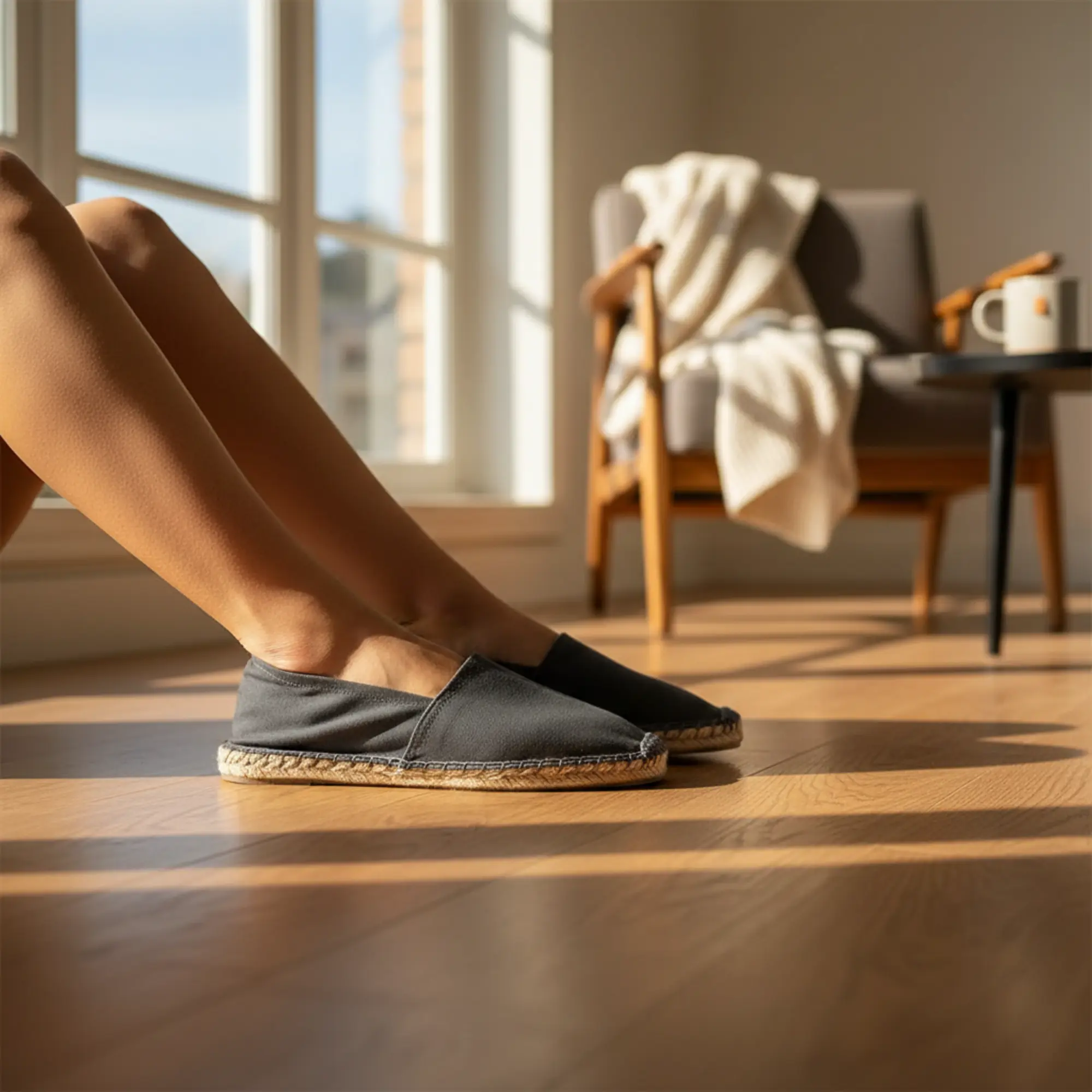 Dunkelgraue Espadrilles drinnen auf dem Boden.