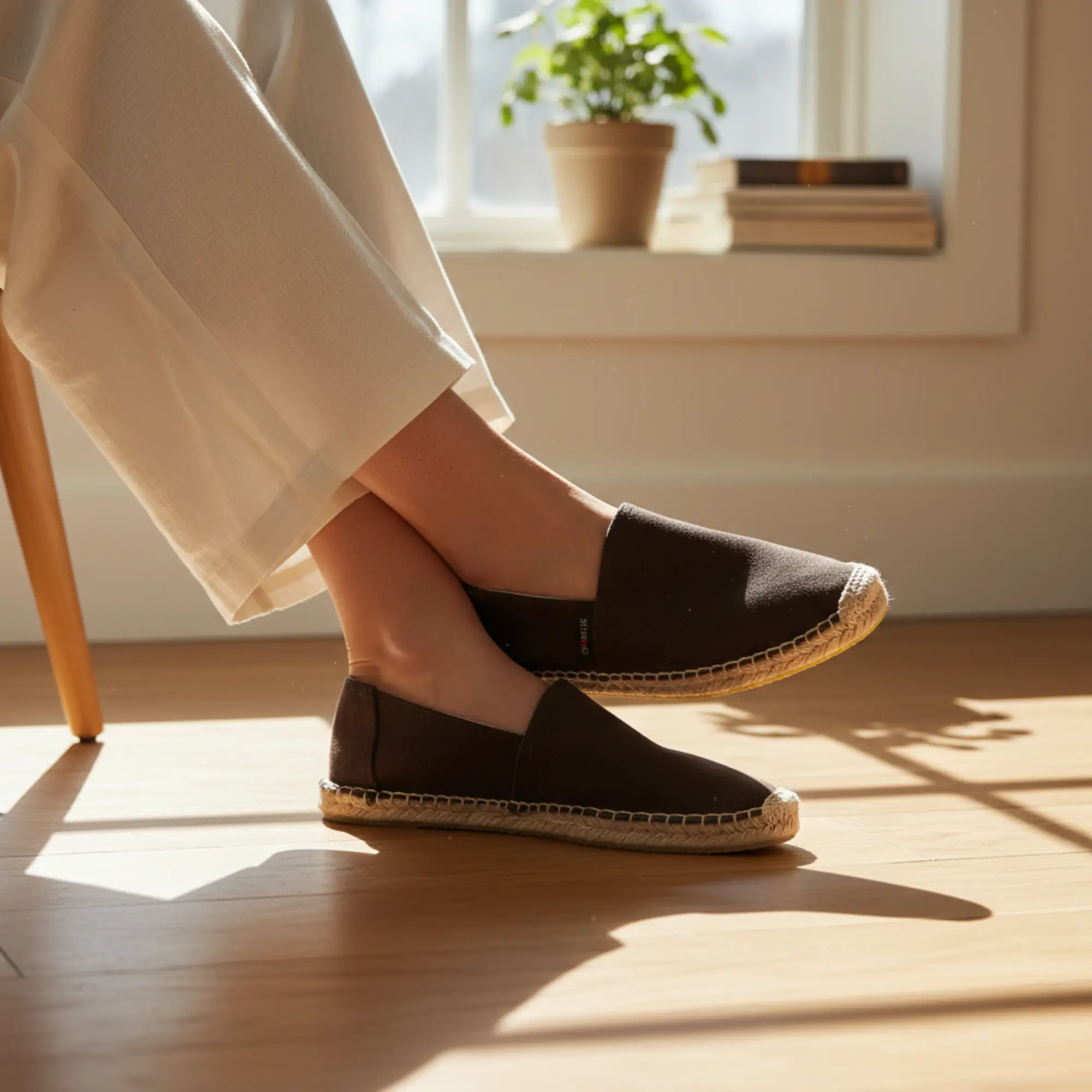 Eine Person in braunen Espadrilles sitzt in der Sonne.