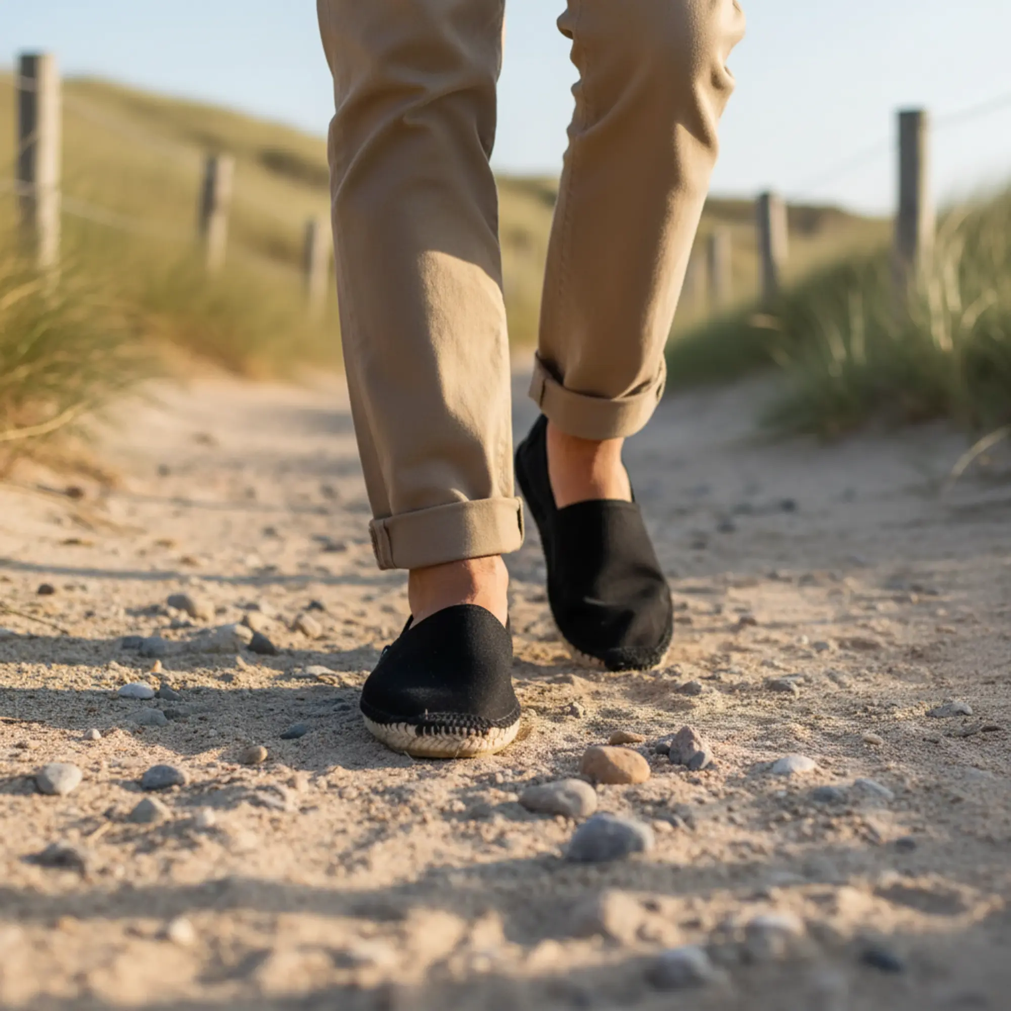 Eine Person in schwarzen Doubleface-Espadrilles geht auf einem sandigen Weg.