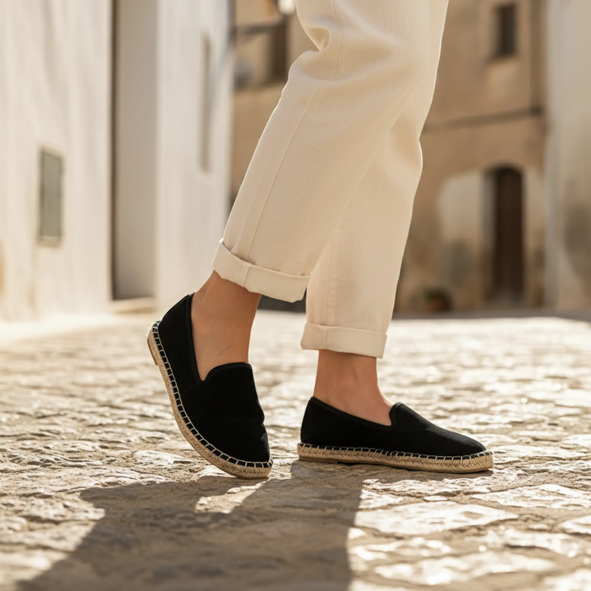 Person in schwarzen Espadrilles auf einer Kopfsteinpflasterstraße.