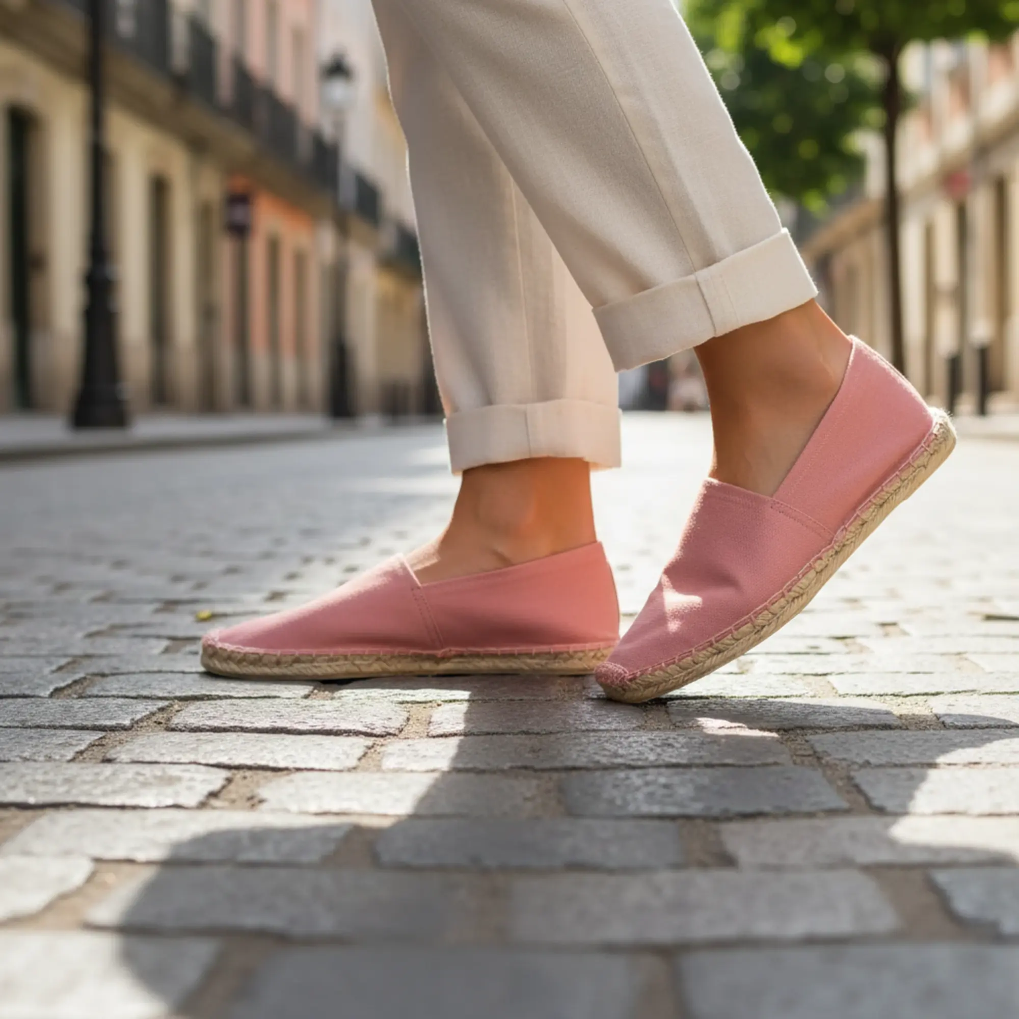 Beige-rote Espadrilles, weiße Hosen auf Kopfsteinpflasterstraße.