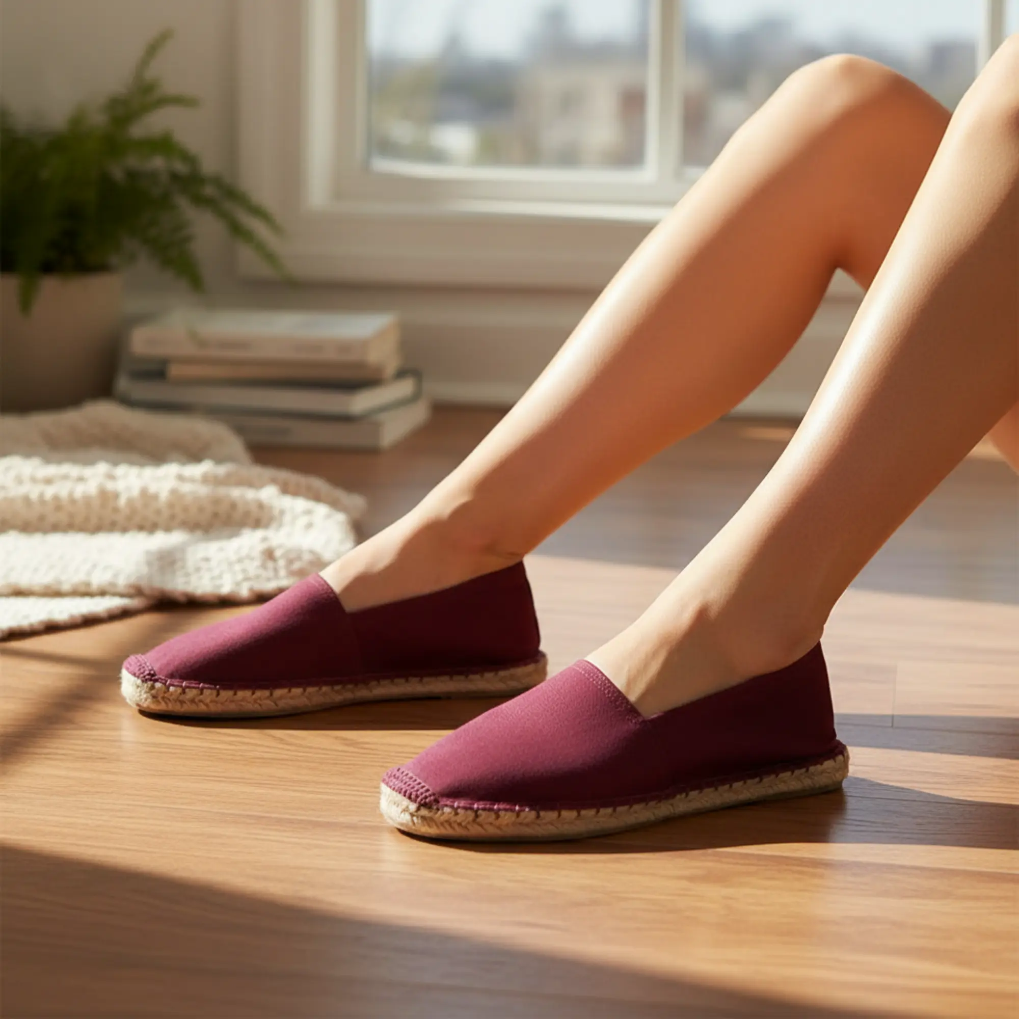 Person, die in Innenräumen bordeauxrote Espadrilles aus Canvas trägt.