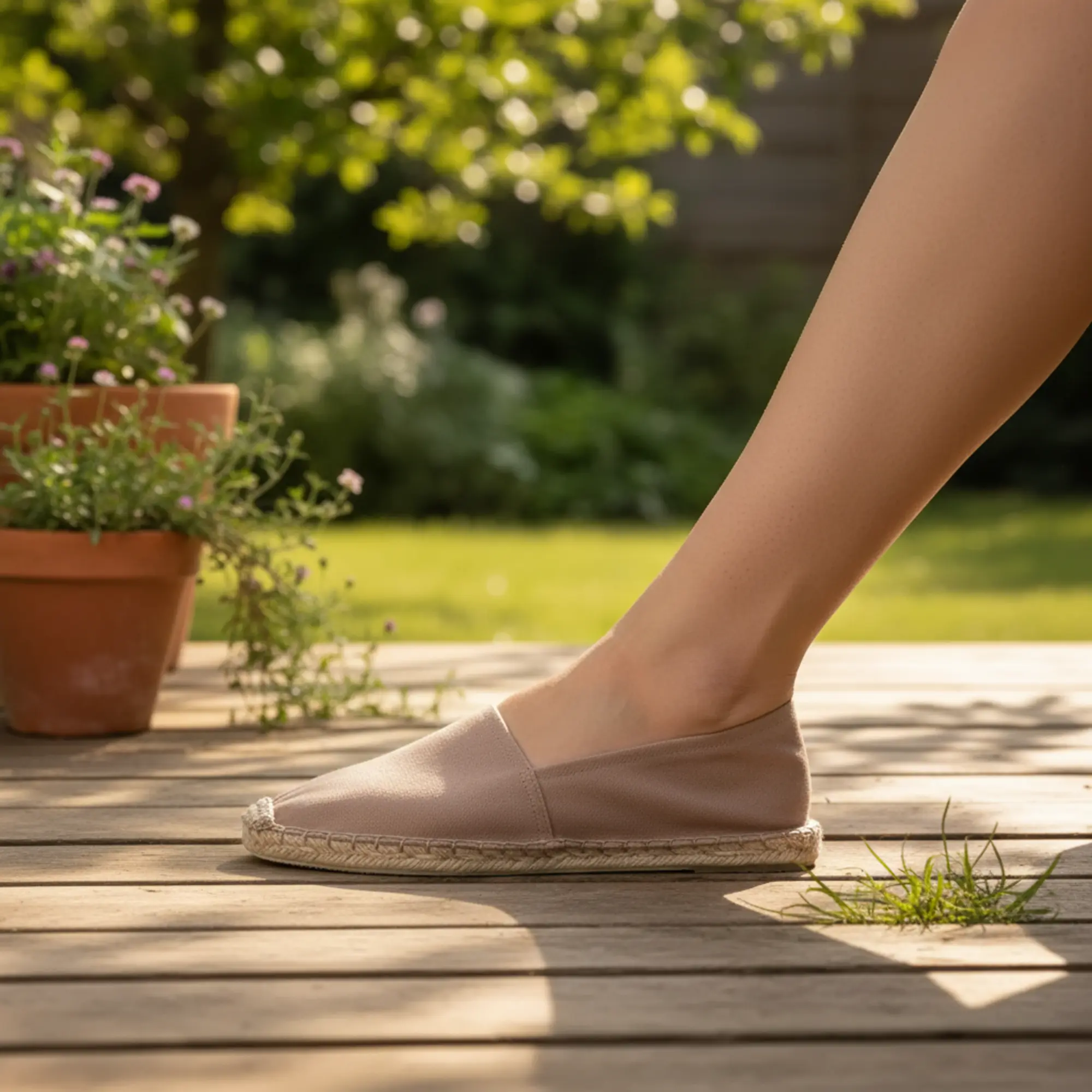 Café-au-lait-Espadrille im sonnenbeschienenen Garten getragen.