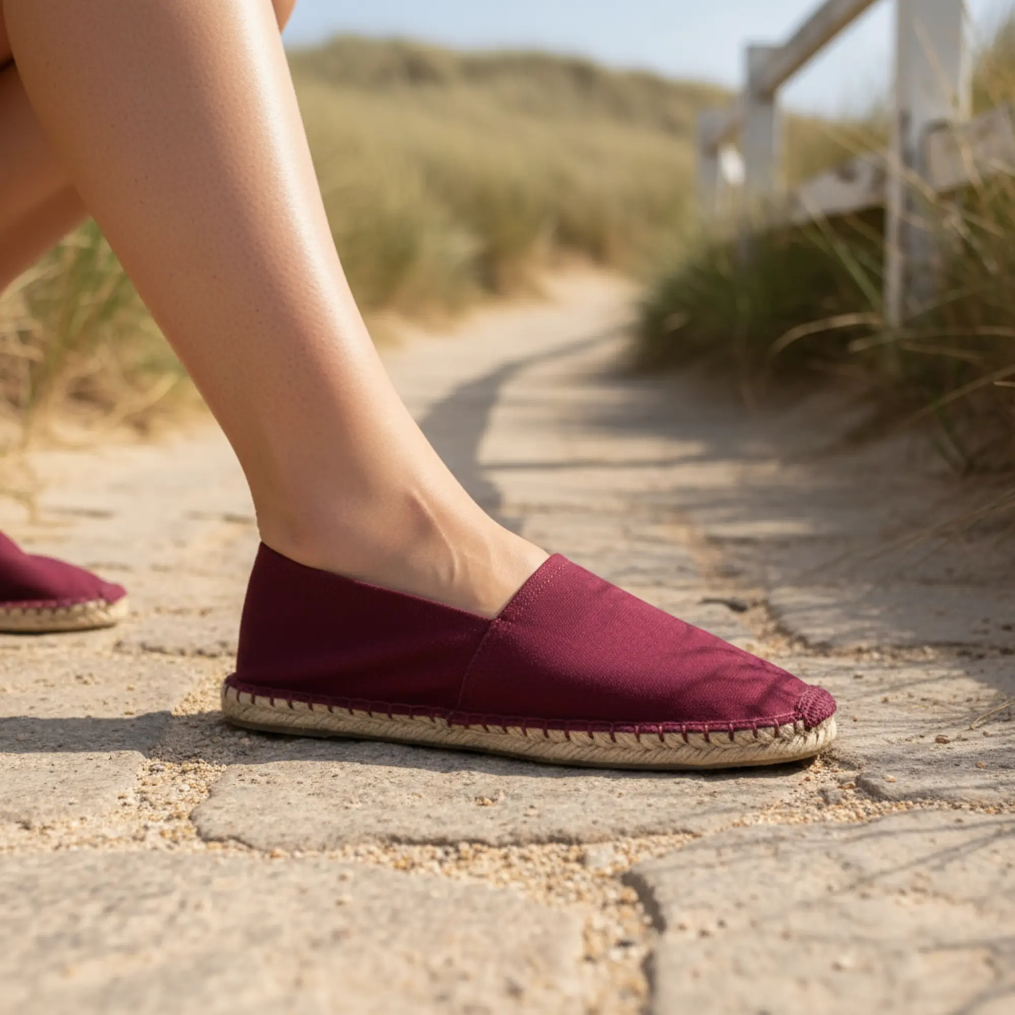 Frau mit bordeauxroten Espadrilles aus Segeltuch auf dem Gehweg.