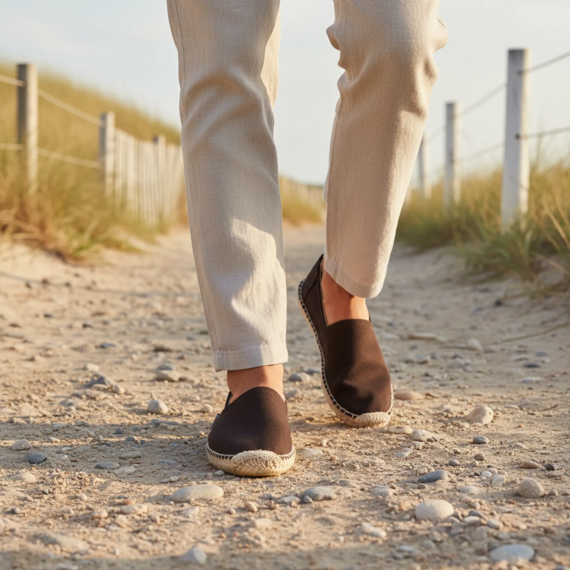 Person in braunen Espadrilles geht auf dem Weg.