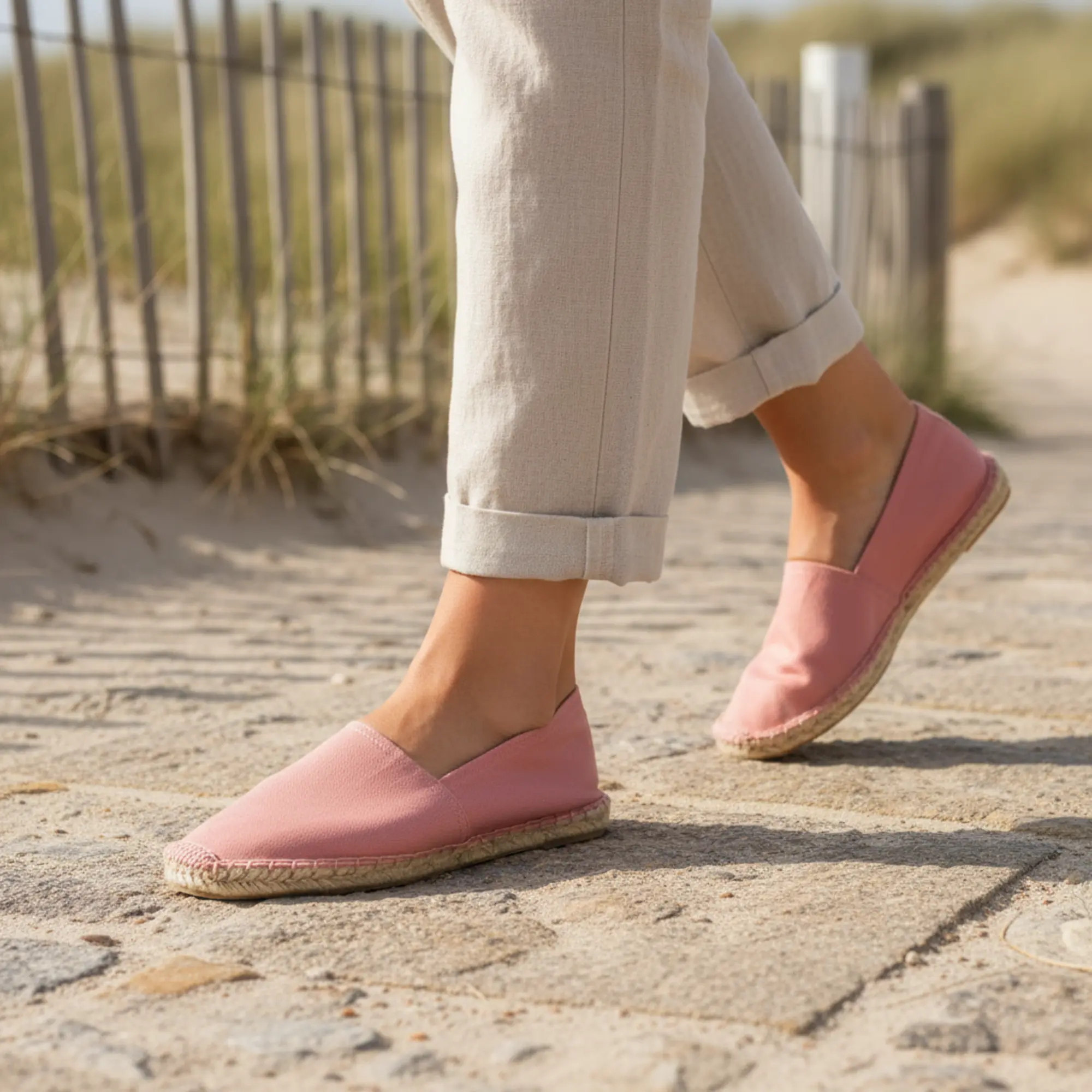 Pinkfarbene Espadrilles an einer Person, die auf einem sandigen Strandweg spaziert
