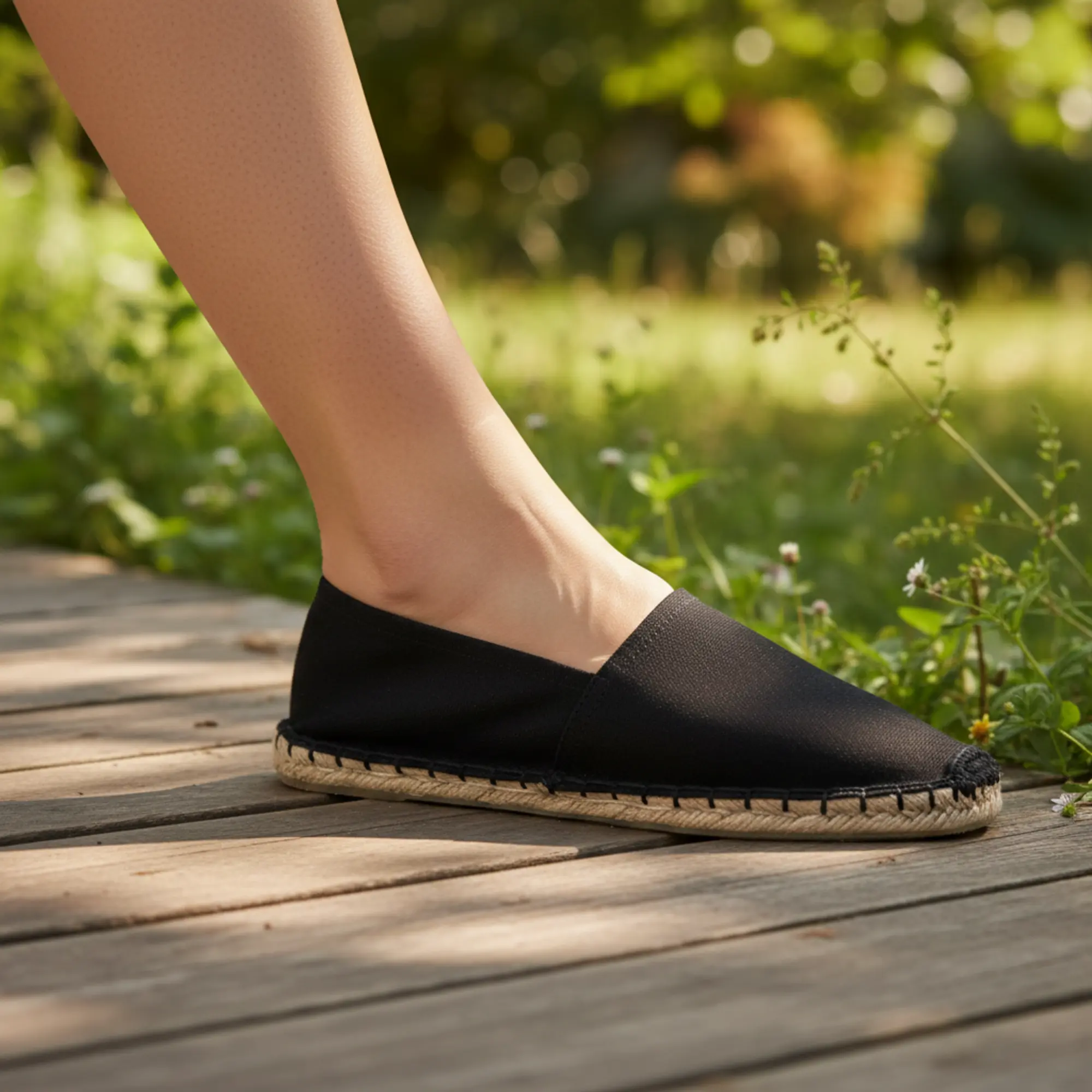 Schwarze Espadrilles aus Segeltuch, draußen auf einem Weg getragen.