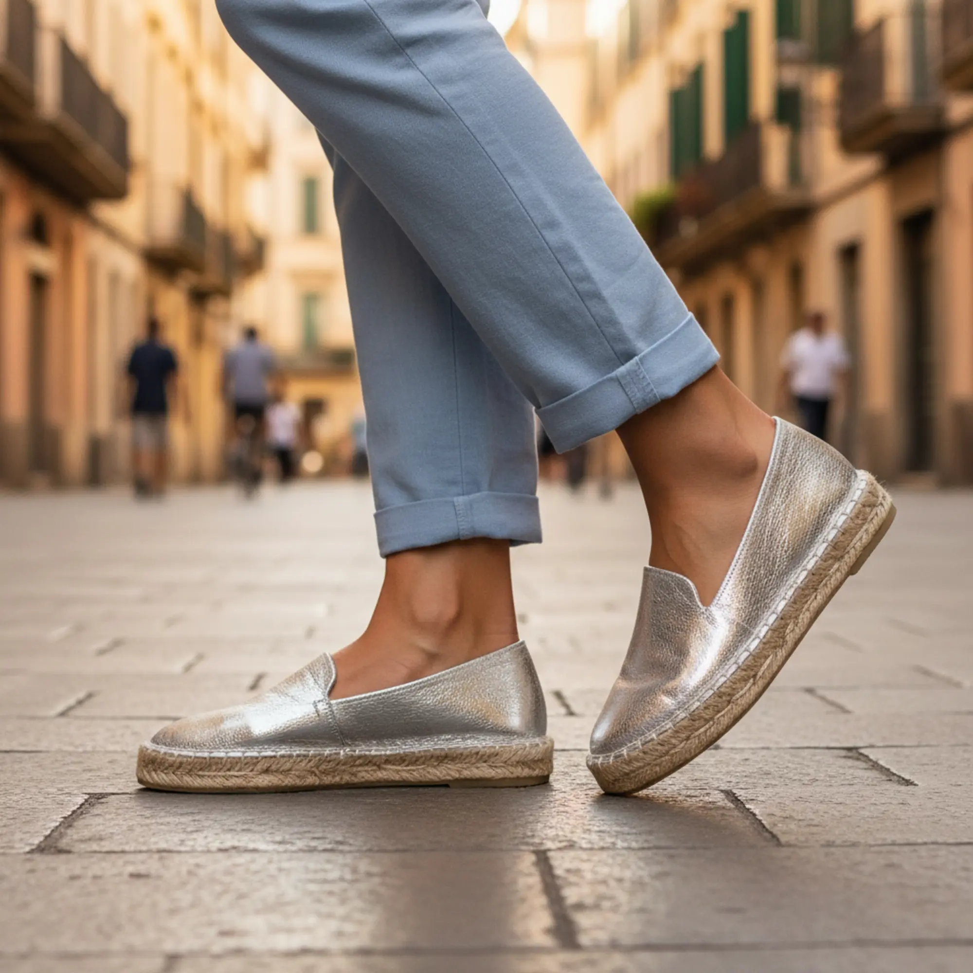 Frau in metallisch schimmernden Espadrilles geht auf einer Kopfsteinpflasterstraße.