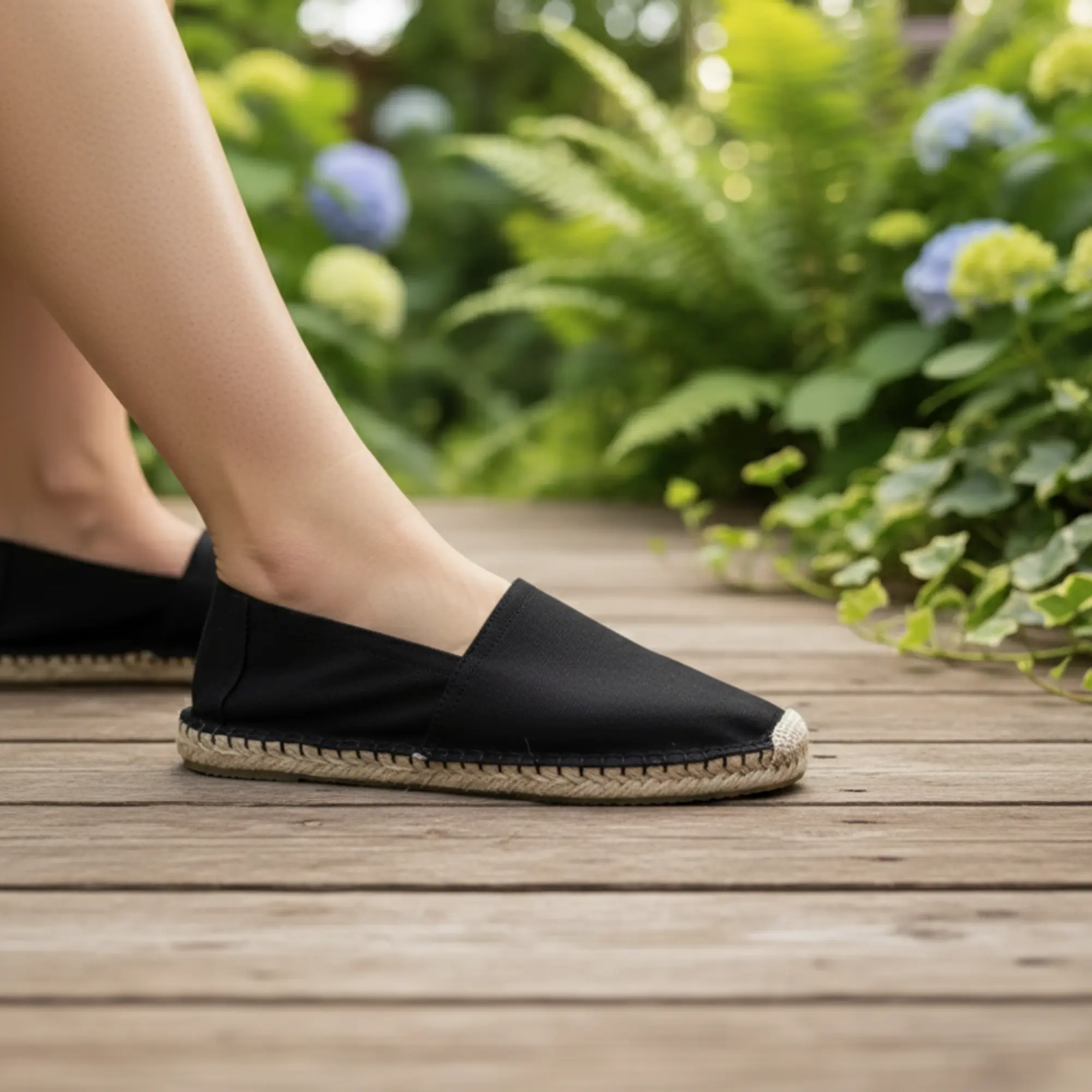 Schwarze Espadrilles an den Füßen auf der Holzterrasse im Garten.