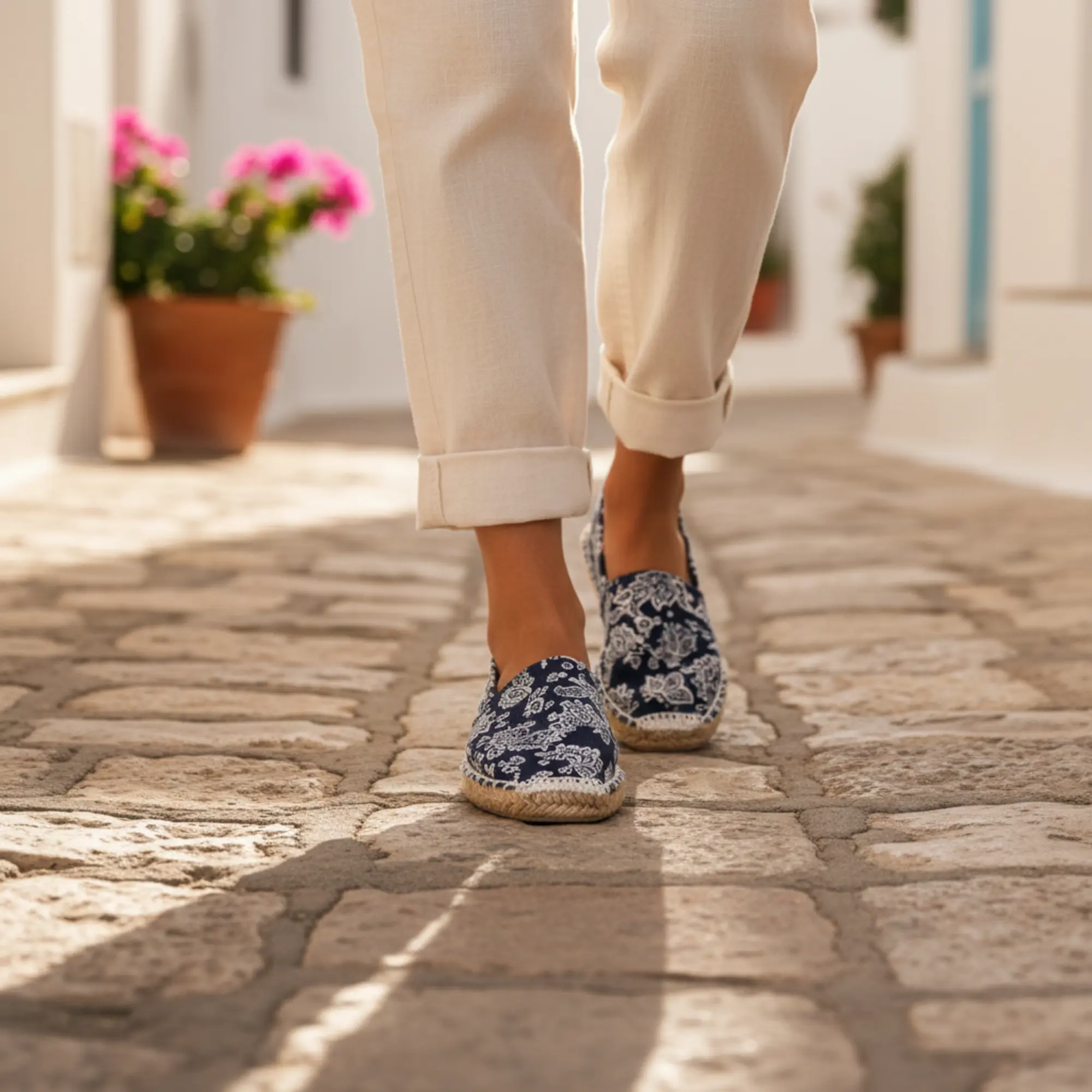 Frau in Espadrilles geht auf einer Kopfsteinpflasterstraße.