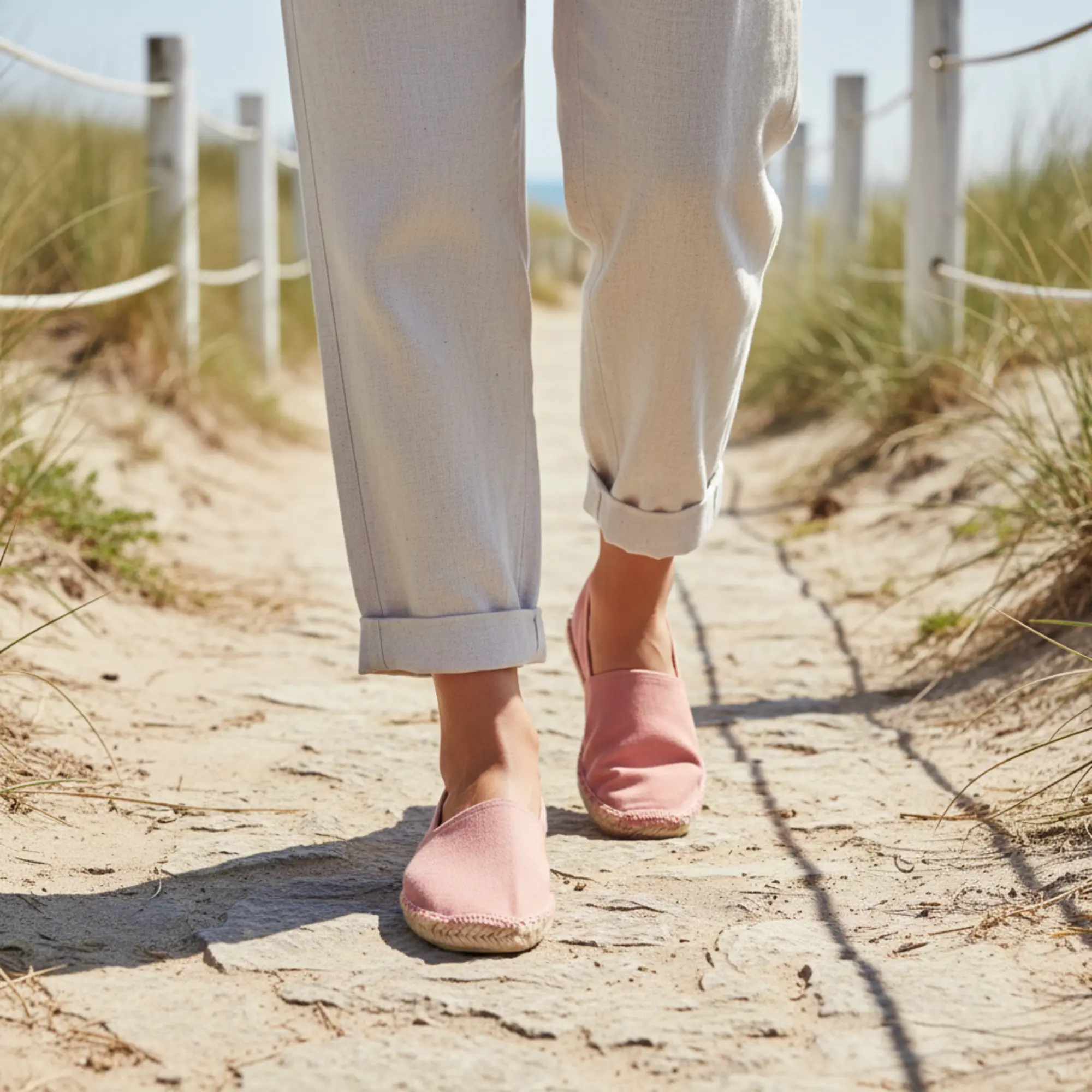 Unicolor Canvas Espadrilles am Strand, beige und rot.