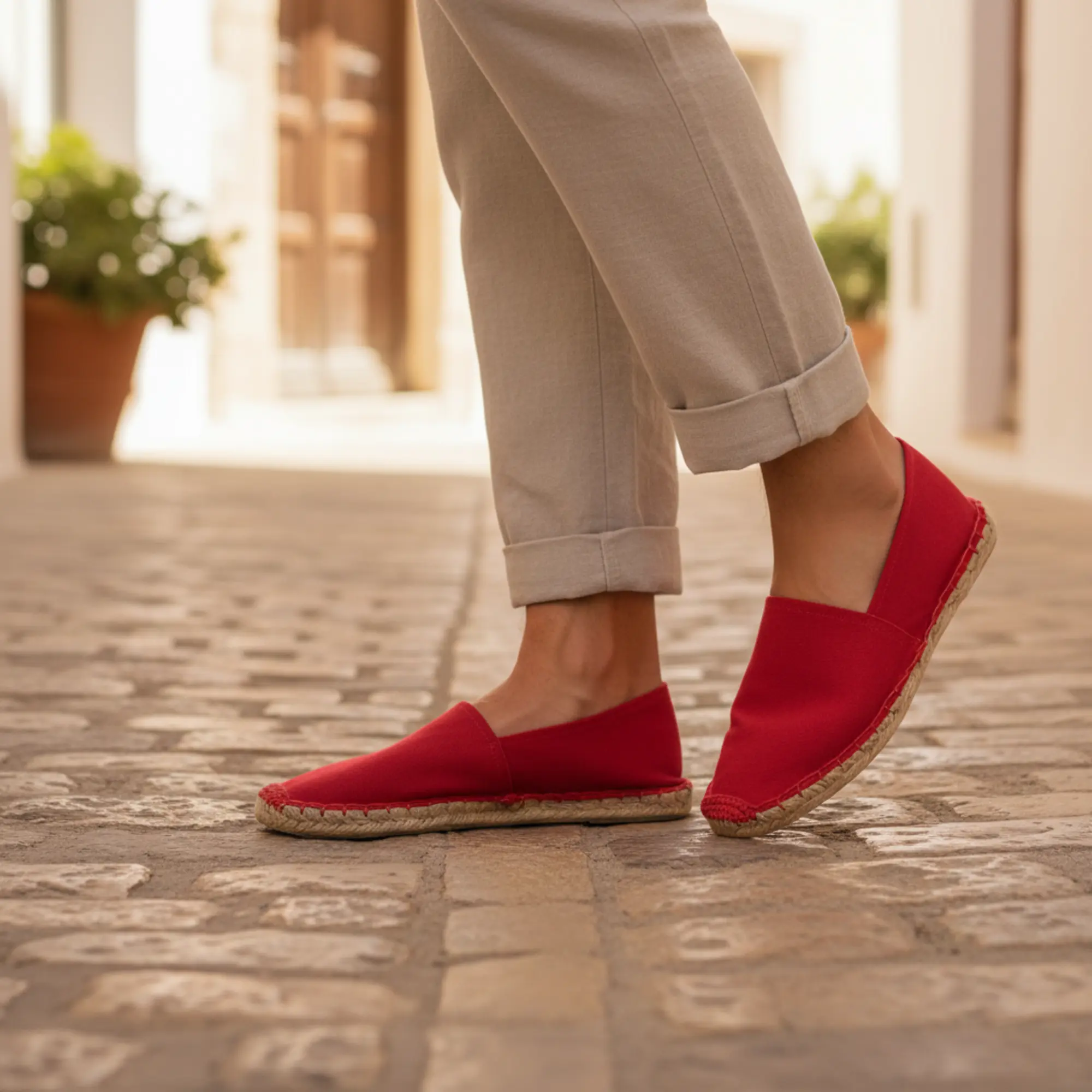 Person mit roten Espadrilles auf Steinstraße