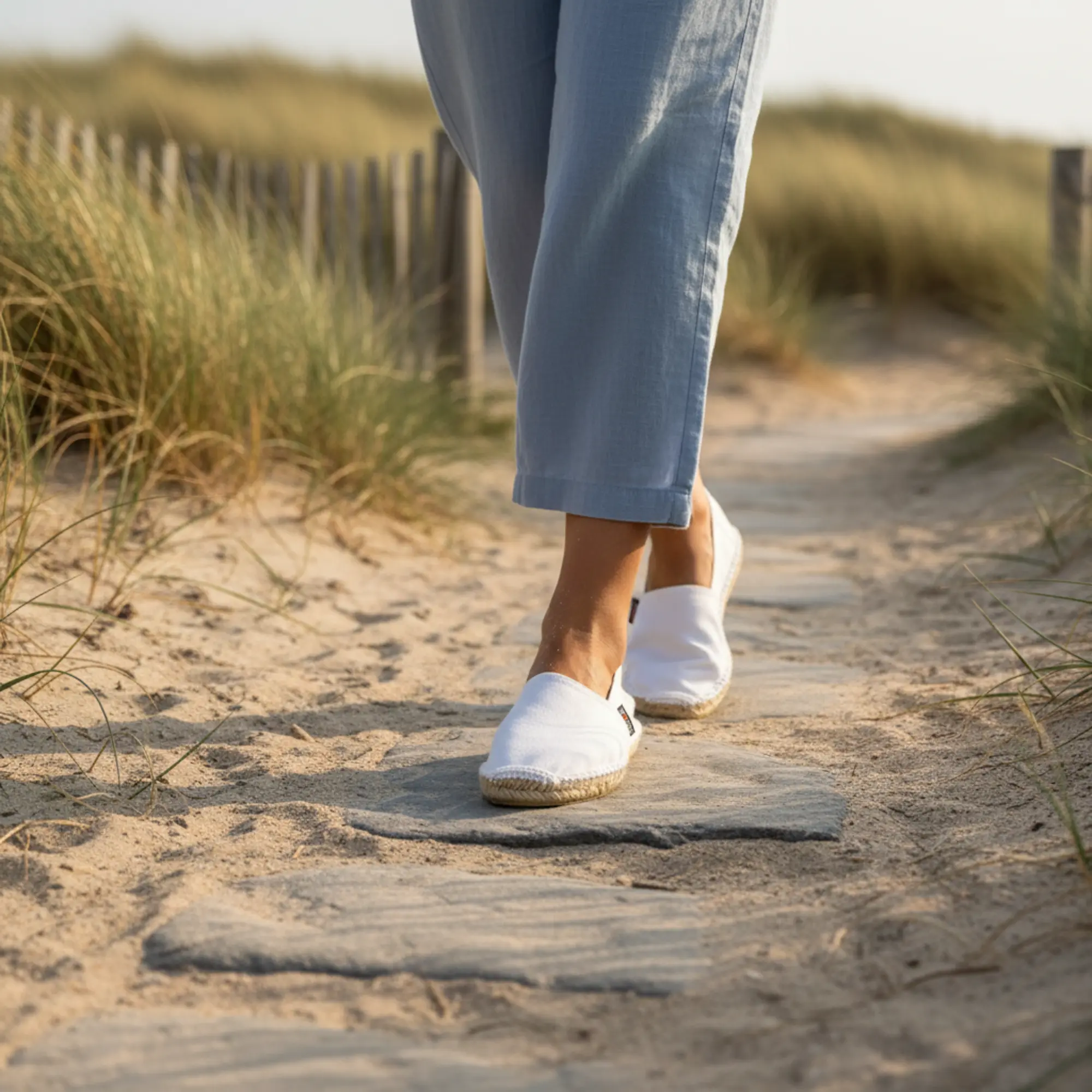 Eine Person in weißen Espadrilles auf einem Sandweg.