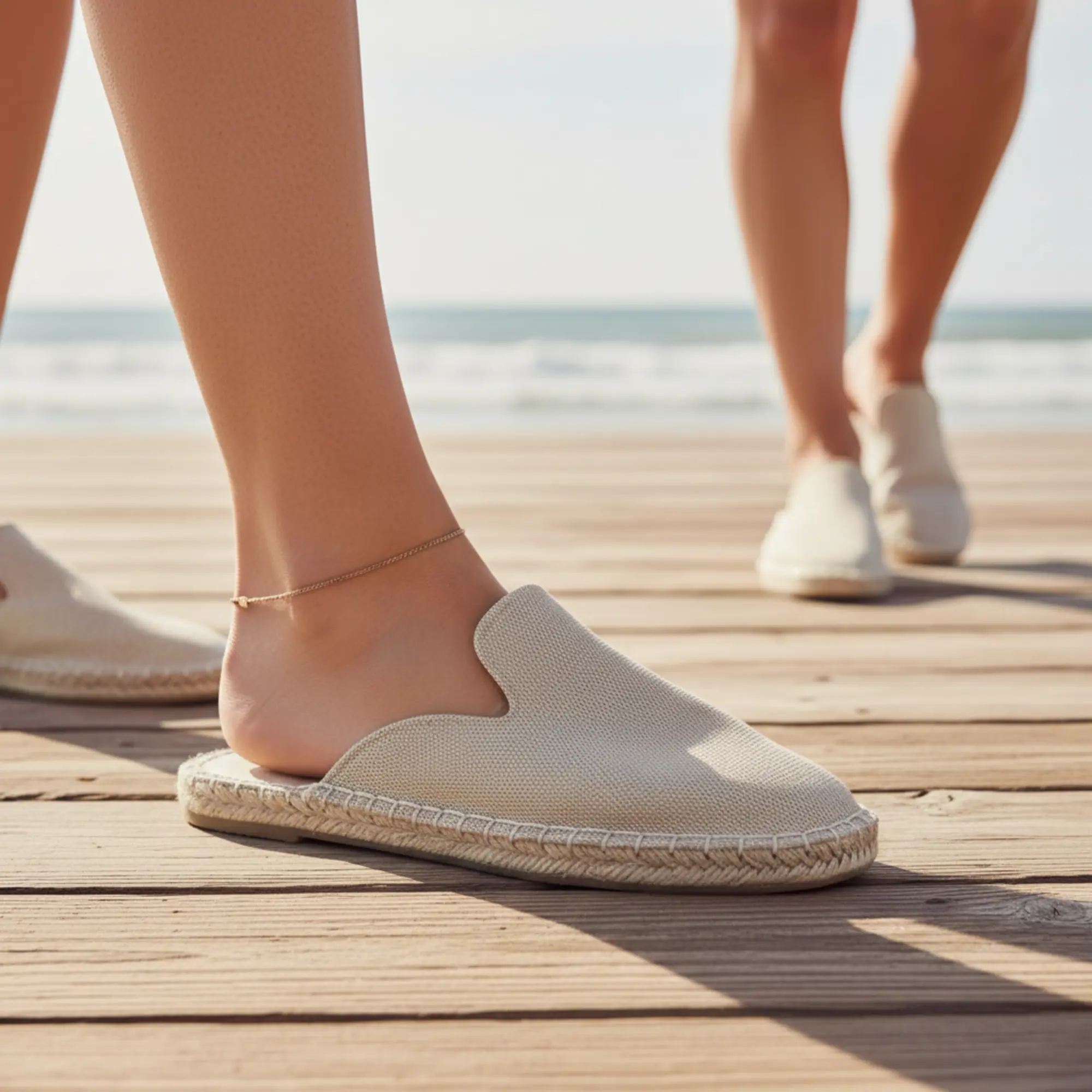 Frauen in Espadrilles auf einem Holzsteg.
