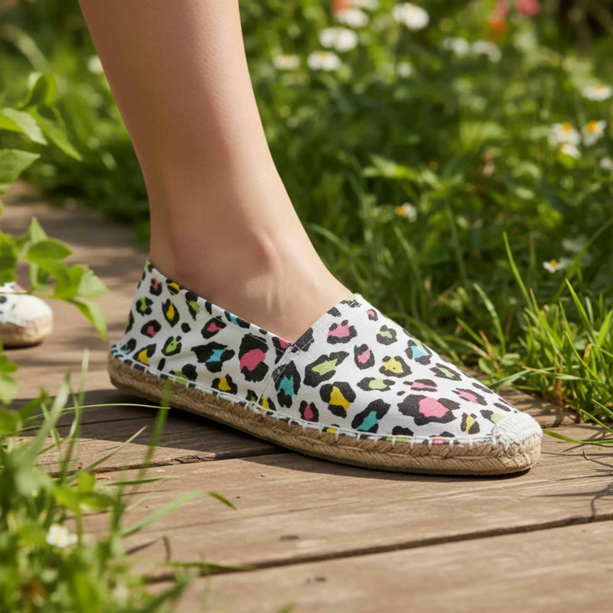 Leopard-Espadrilles auf einem Holzsteg mit Gras.