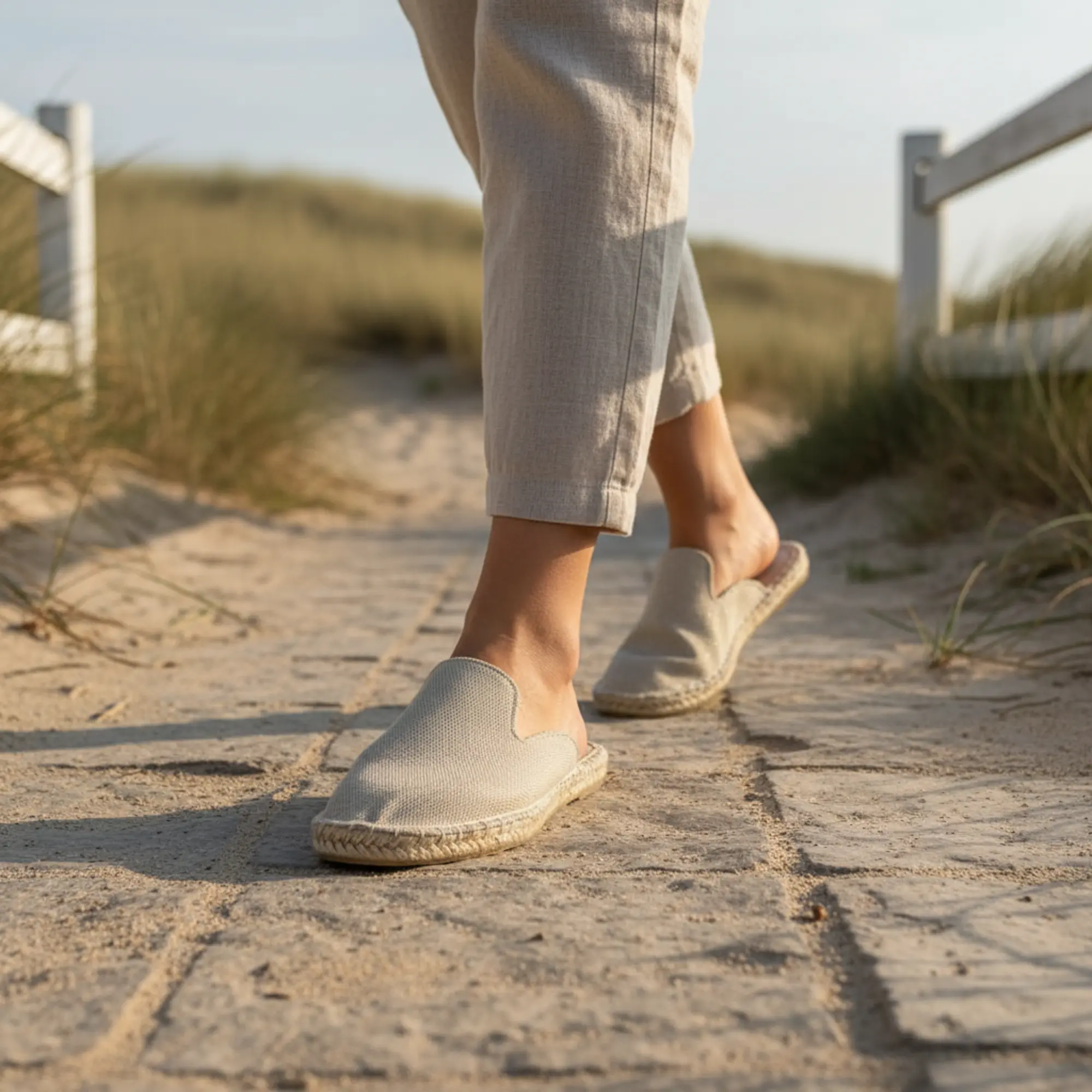 Fußgänger in beigen Espadrilles und Hose.