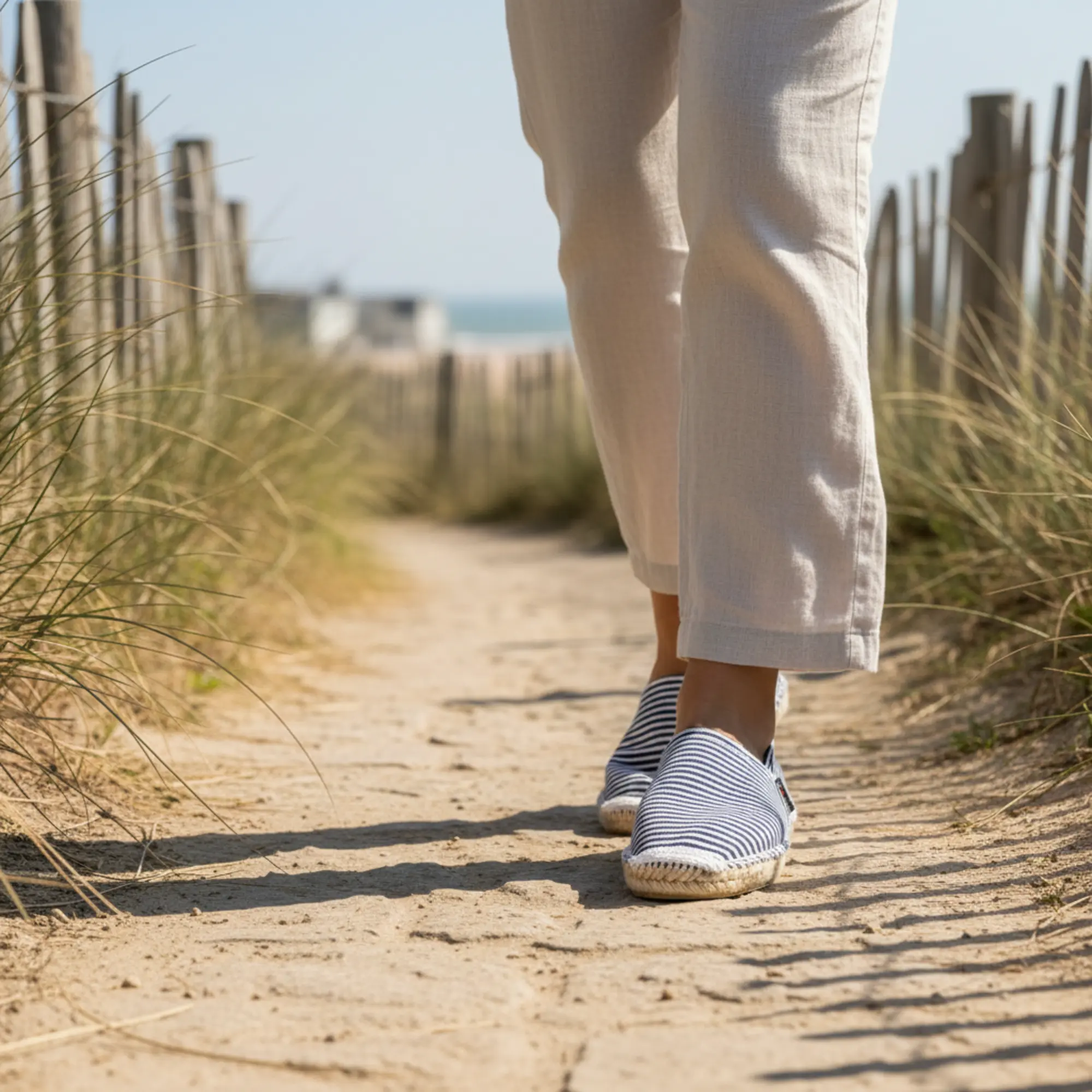 Person in gestreiften Espadrilles geht auf dem Strandweg.
