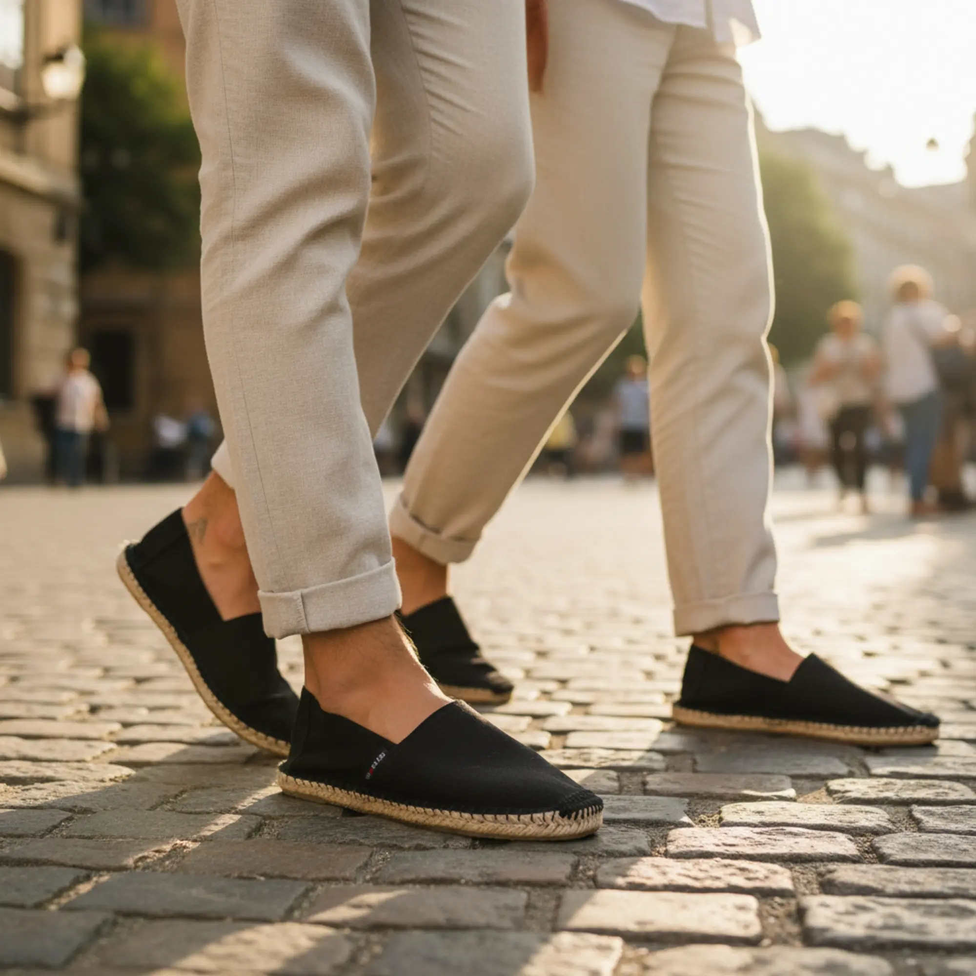 Menschen, die schwarze Espadrilles tragen, während sie draußen spazieren gehen.