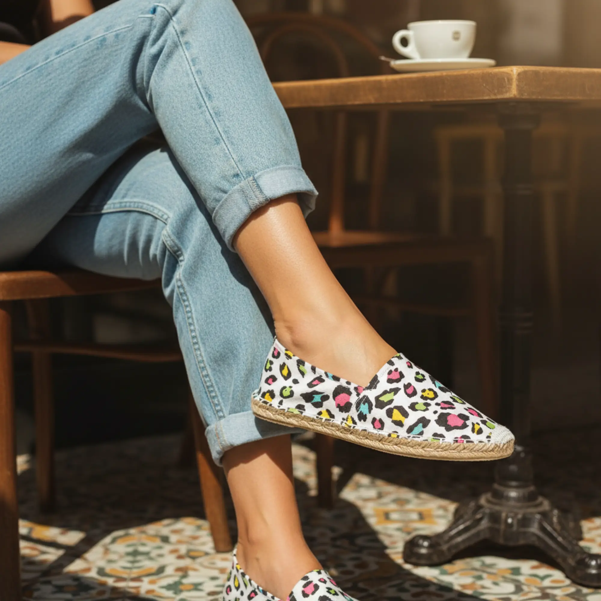 Person in Jeans und weißen, bunten Leoparden-Espadrilles in einem Café.