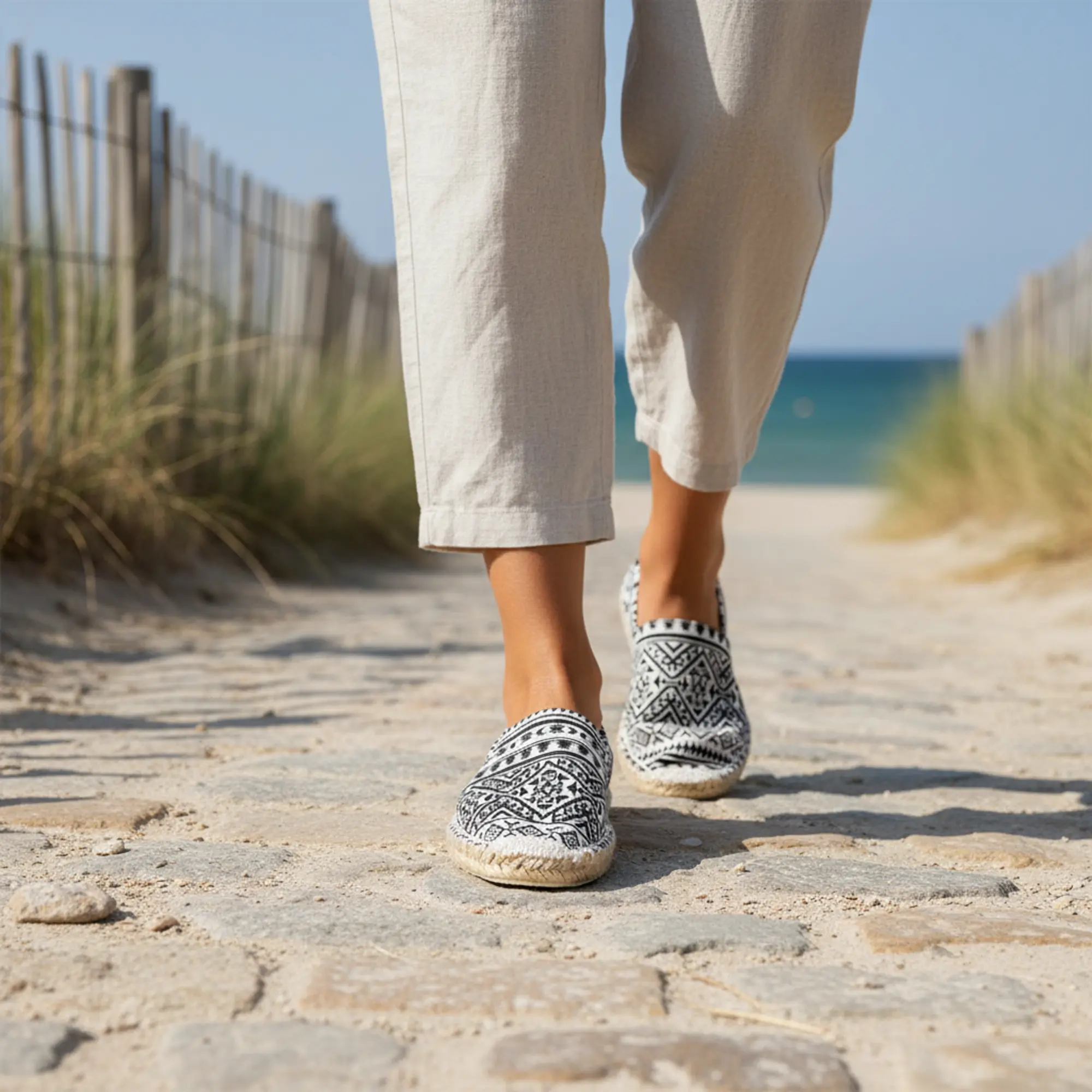 Eine Person in gemusterten Espadrilles spaziert am Strand entlang.