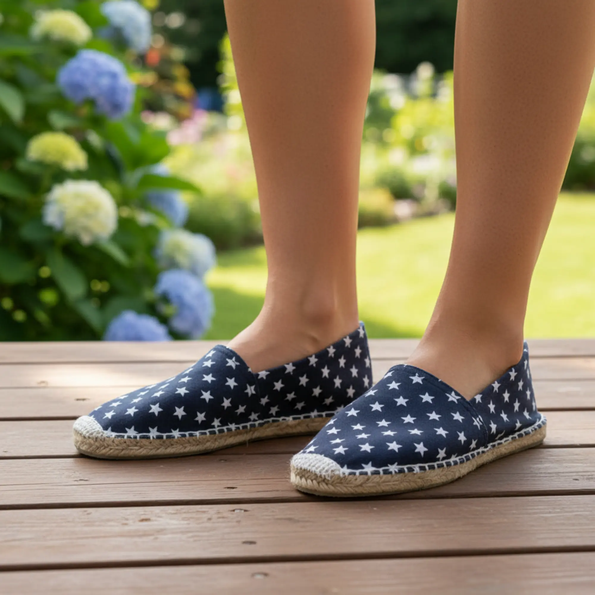 Espadrilles mit Sternenmuster für eine Frau auf einer Holzterrasse.