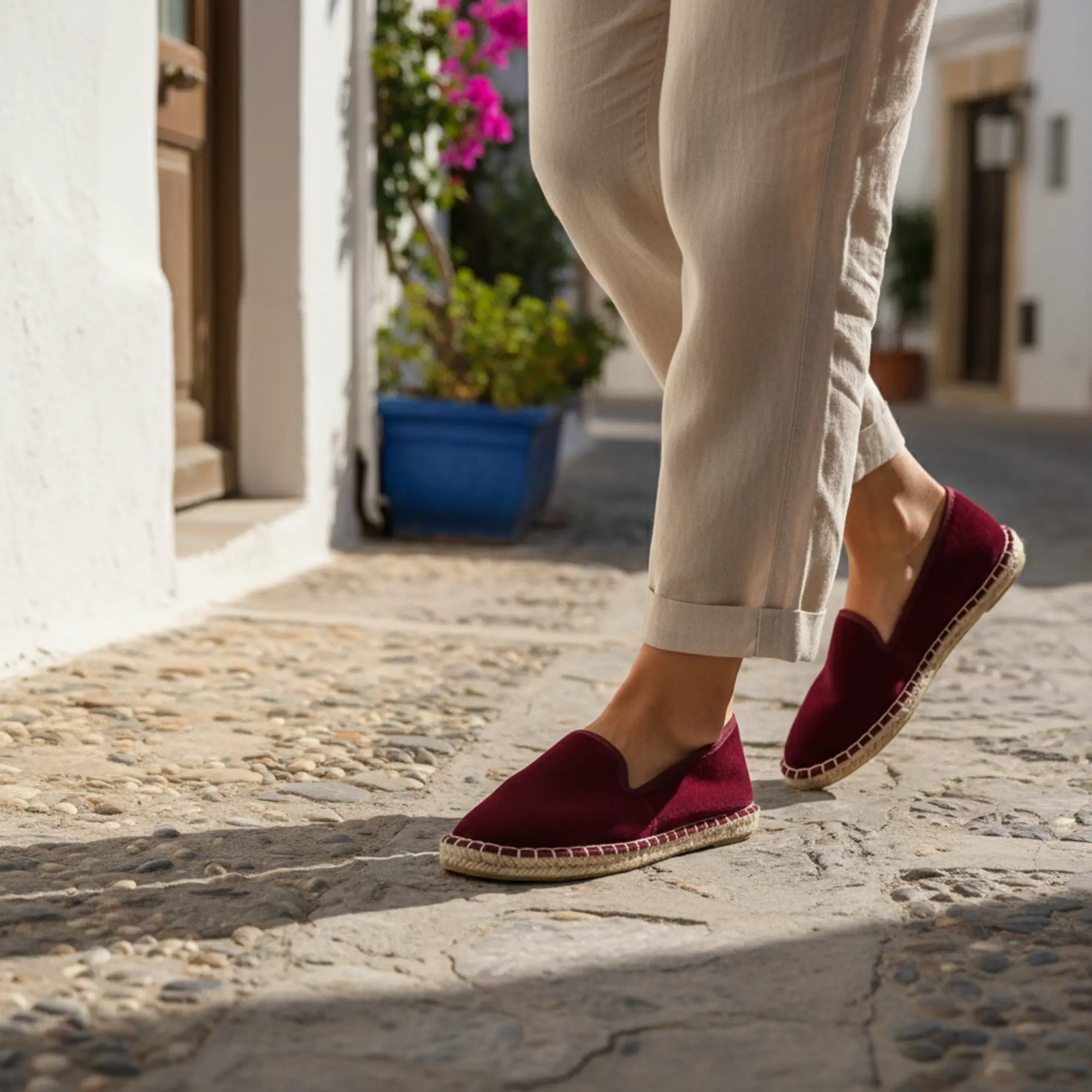 Espadrilles, Samt, bordeauxrot, Damenschuhe, auf einer Kopfsteinpflasterstraße.