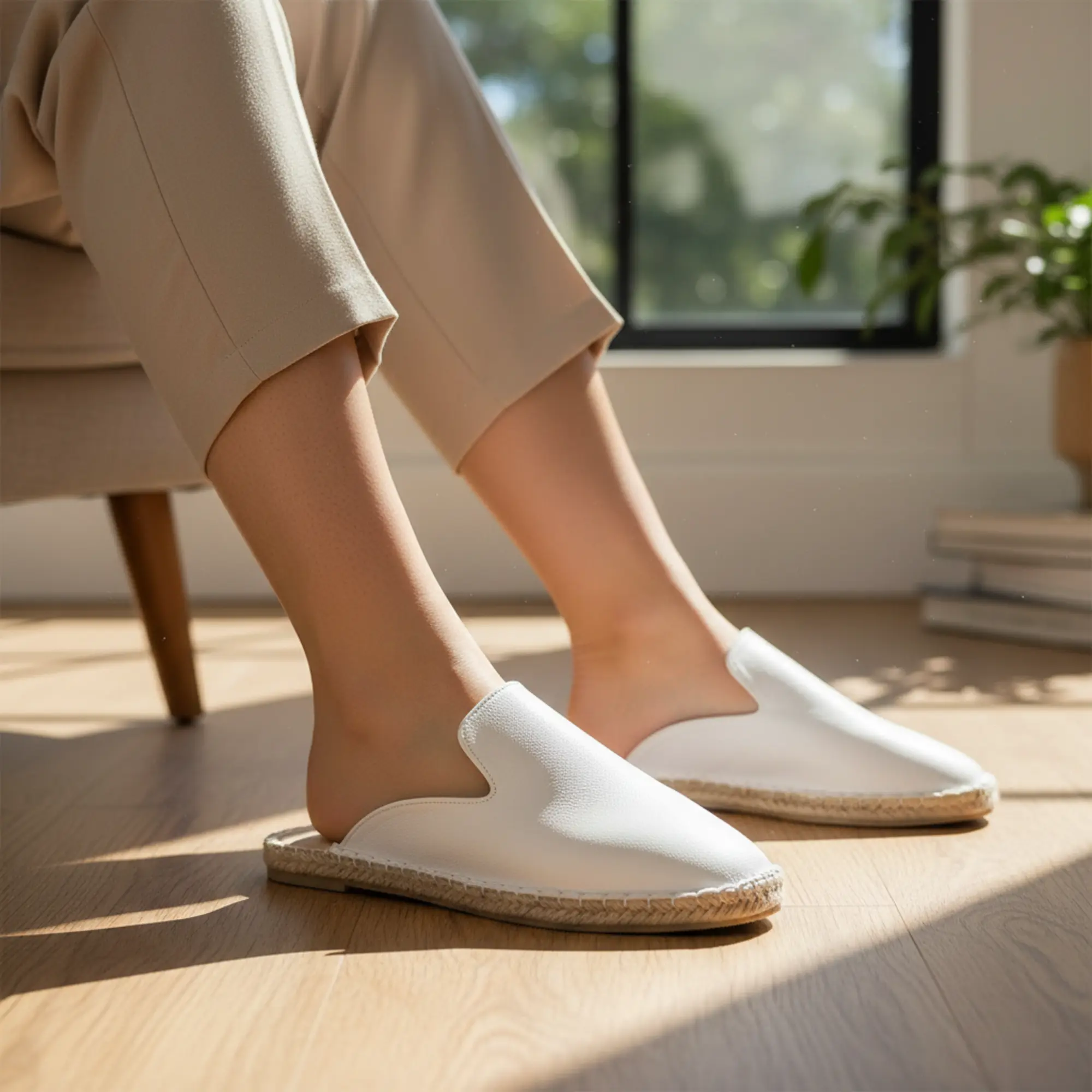 Frau in weißen Espadrilles und heller Hose, in der Nähe eines Fensters.