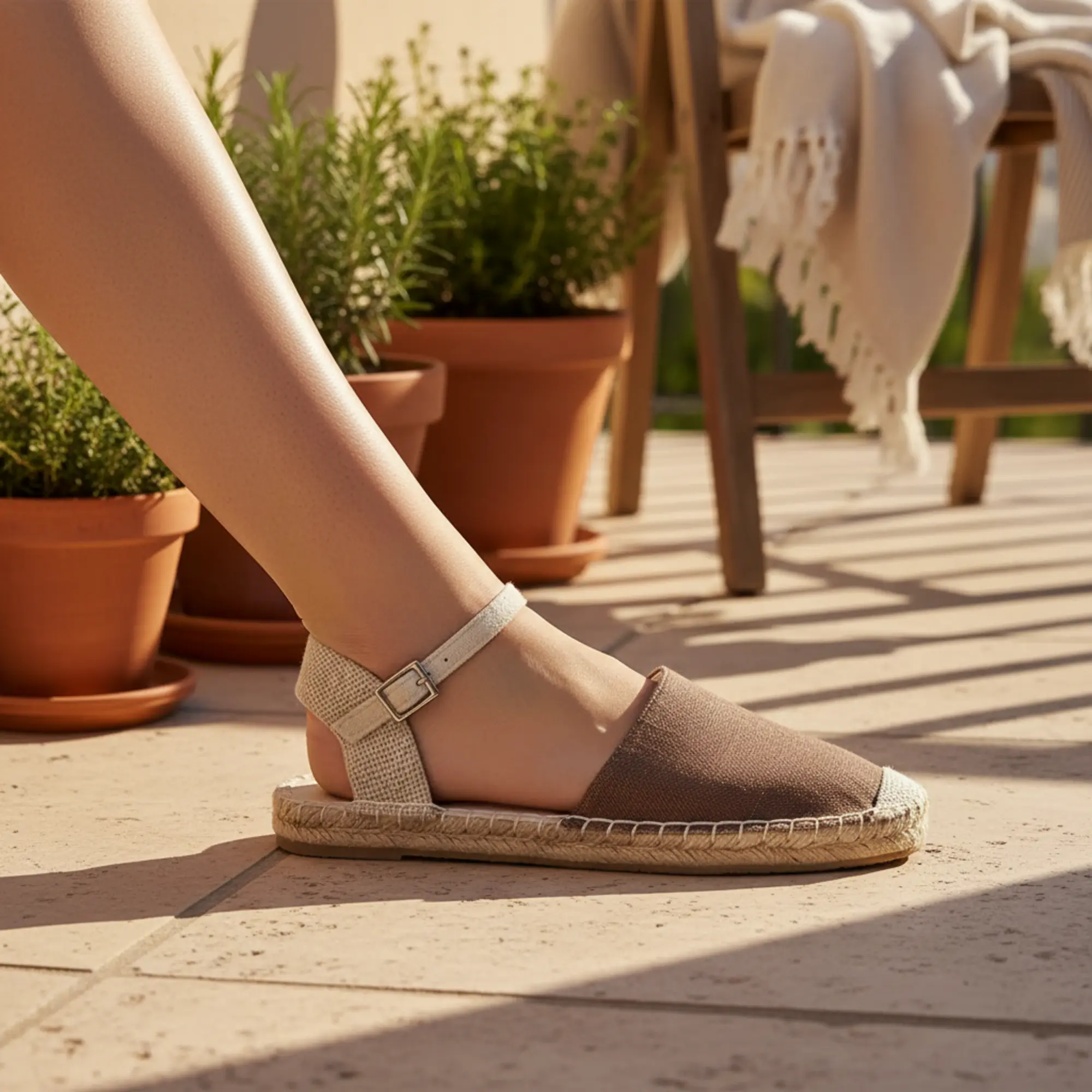 Espadrillesandalen aus Canvas, braun und beige, für draußen