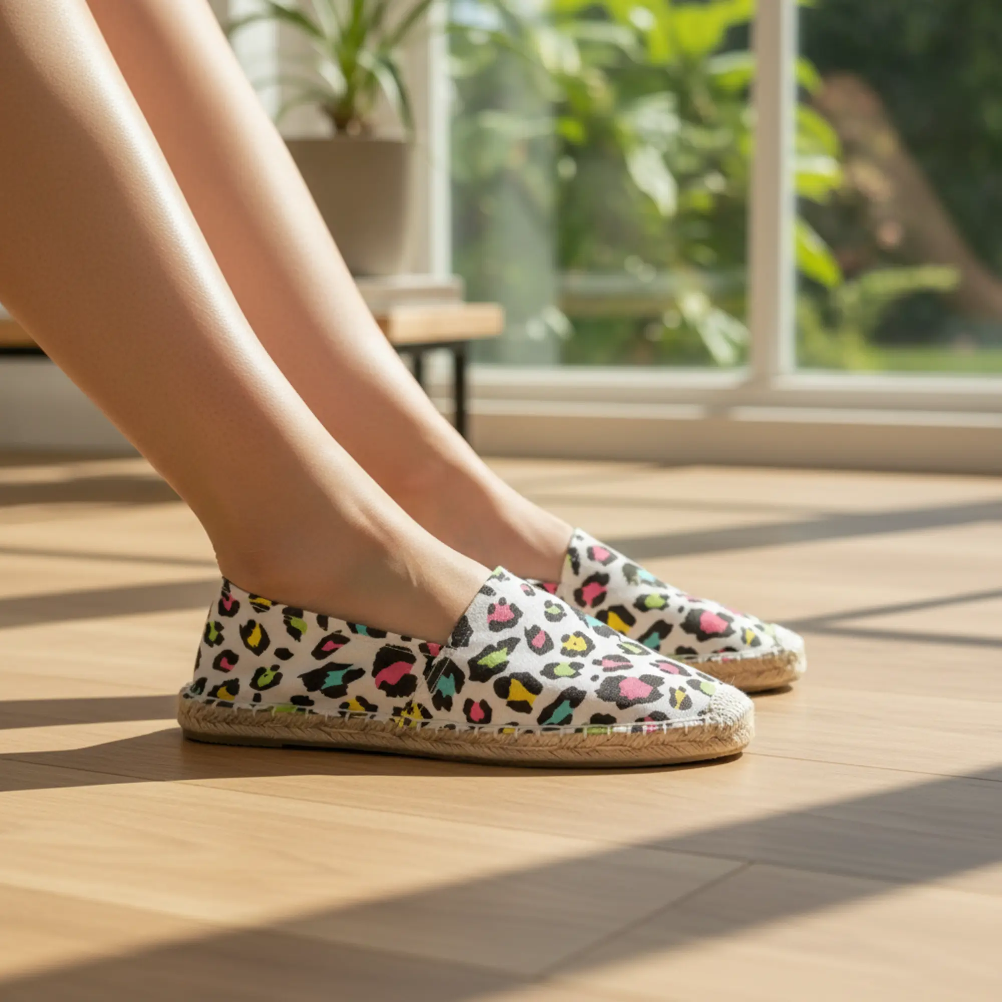 Frau trägt bunte Espadrilles mit Leopardenmuster in einem Innenraum.