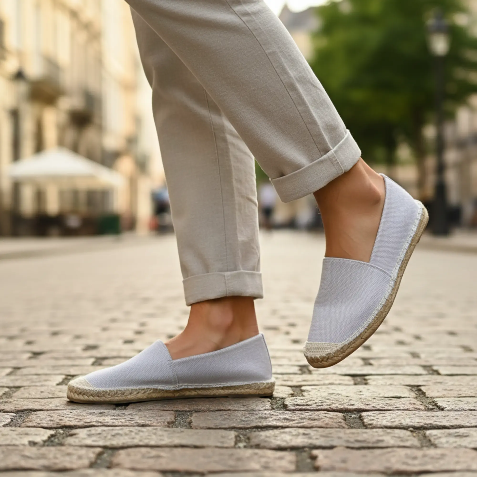 Person in weißen Espadrilles auf einer Kopfsteinpflasterstraße.