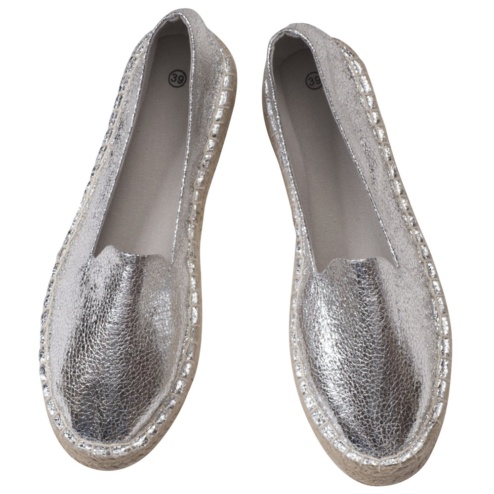 Espadrilles Metallic mit Plateausohle Canvas Damen Sommerlatschen Farbe: Silber, Größe: 37