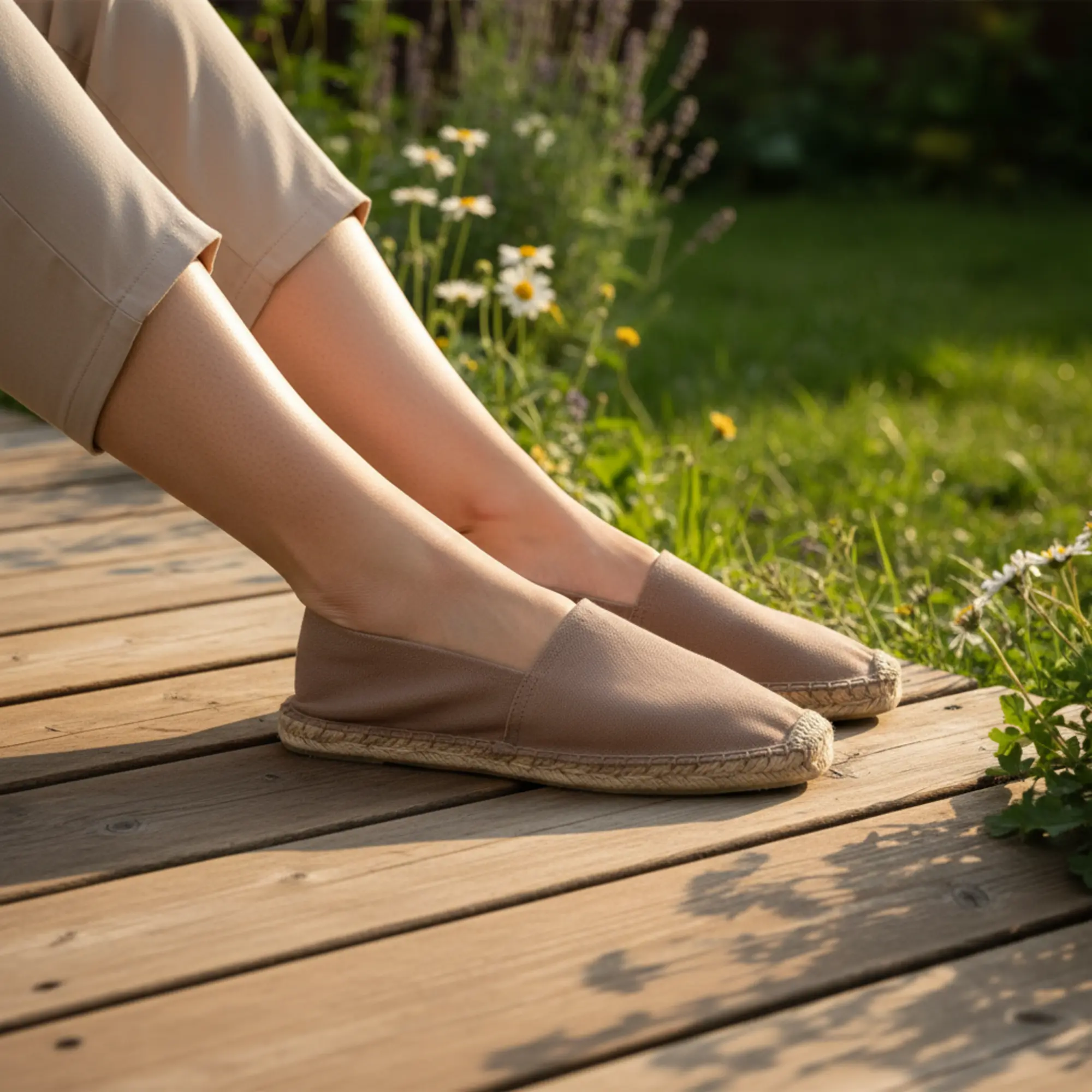 Beine in braunen Espadrilles auf einer Holzterrasse.
