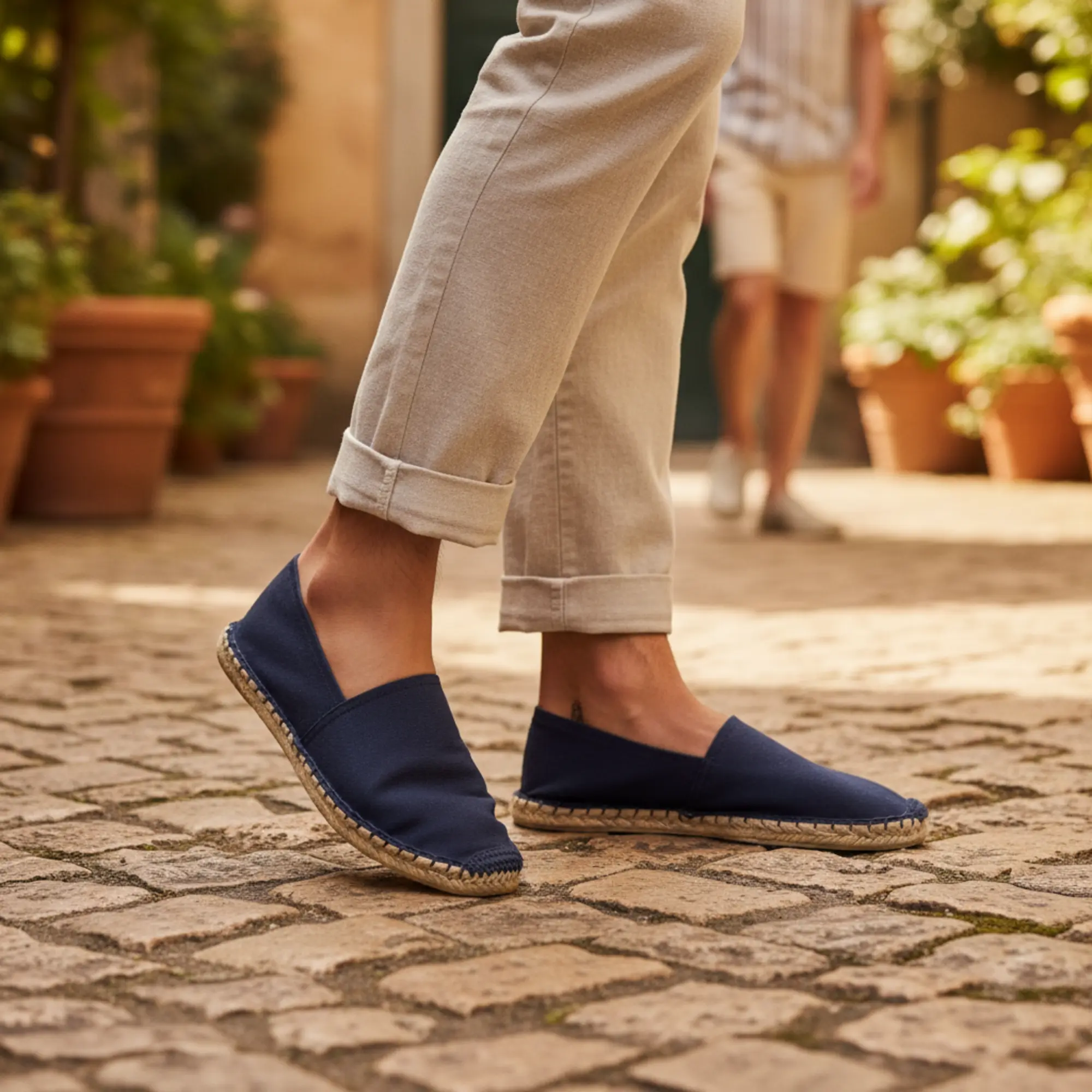 Person, die marineblaue Espadrilles im Freien trägt.