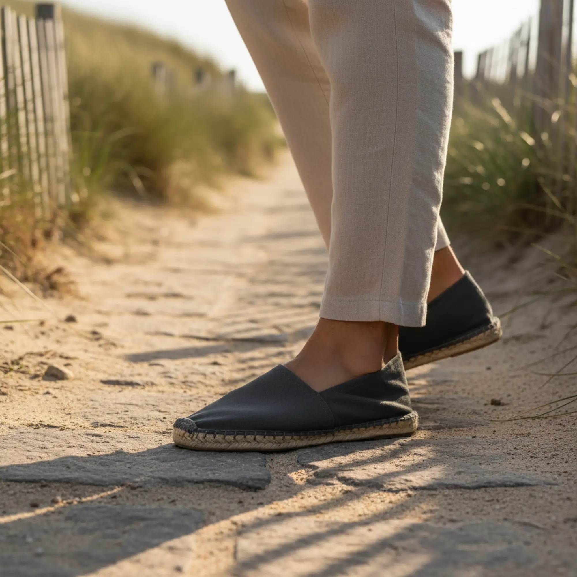 Dunkelgrau espadrilles on sandy beach pathway.
