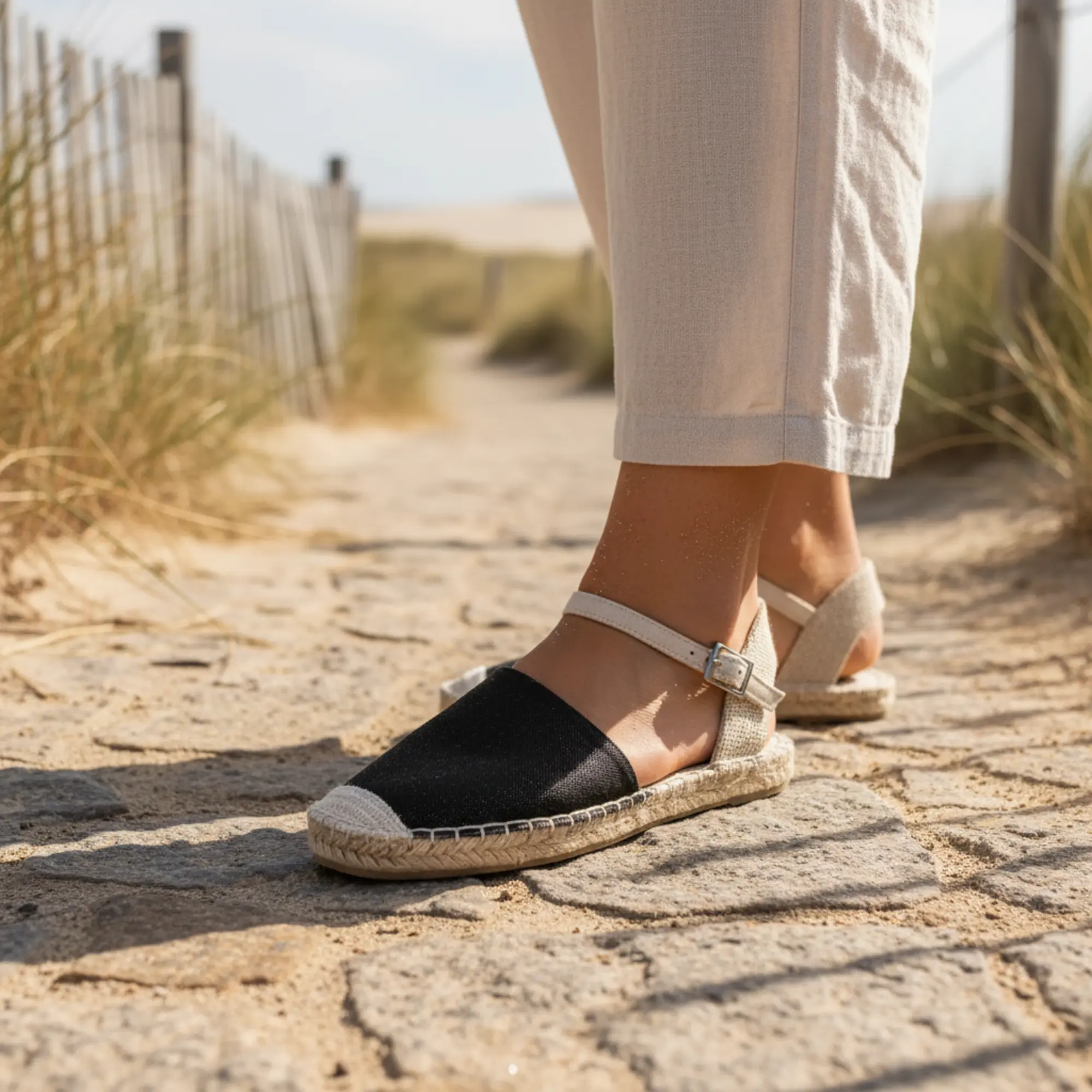 Espadrilles aus Canvas in Schwarz und Beige, Modell Sand Path Fashion.