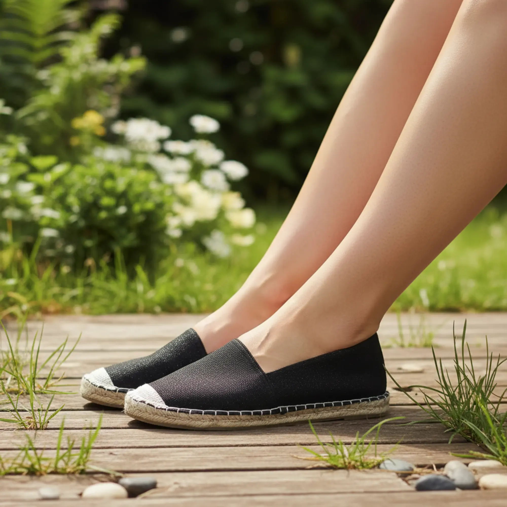 Schwarze Espadrilles an den Füßen einer Frau im Freien.