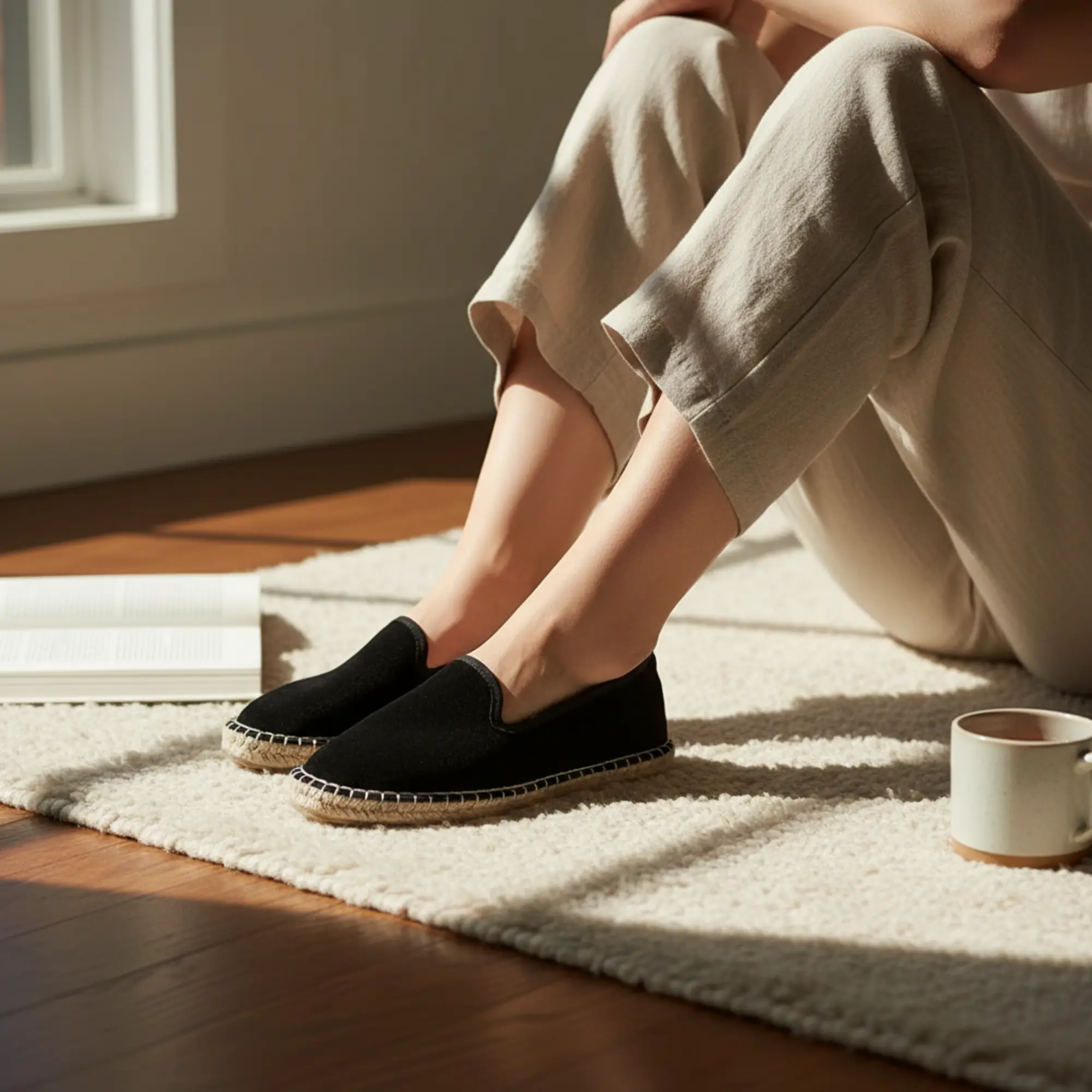 Frau sitzt in schwarzen Espadrilles auf einem Teppich.