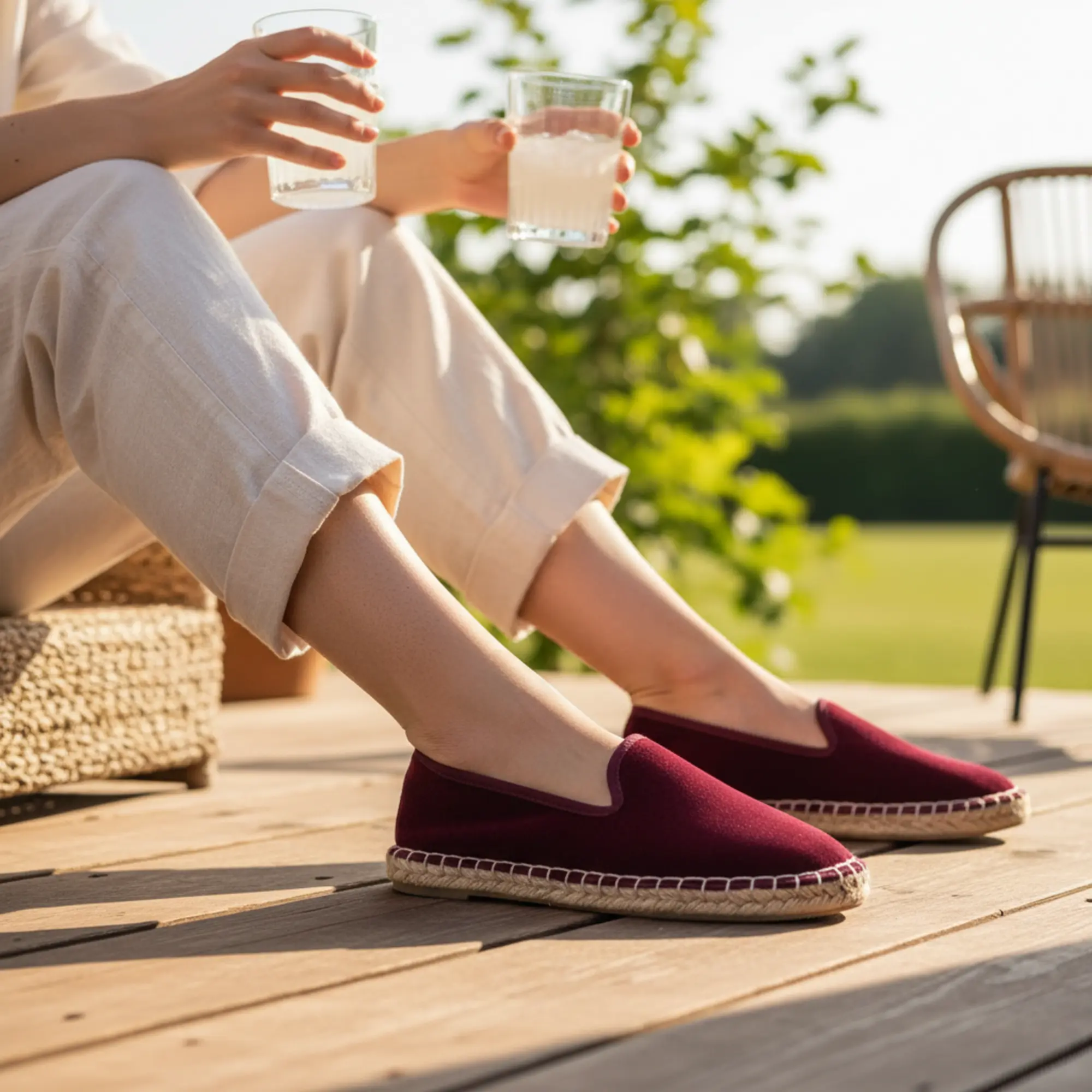 Frau in bordeauxroten Espadrilles genießt kalte Getränke im Freien.