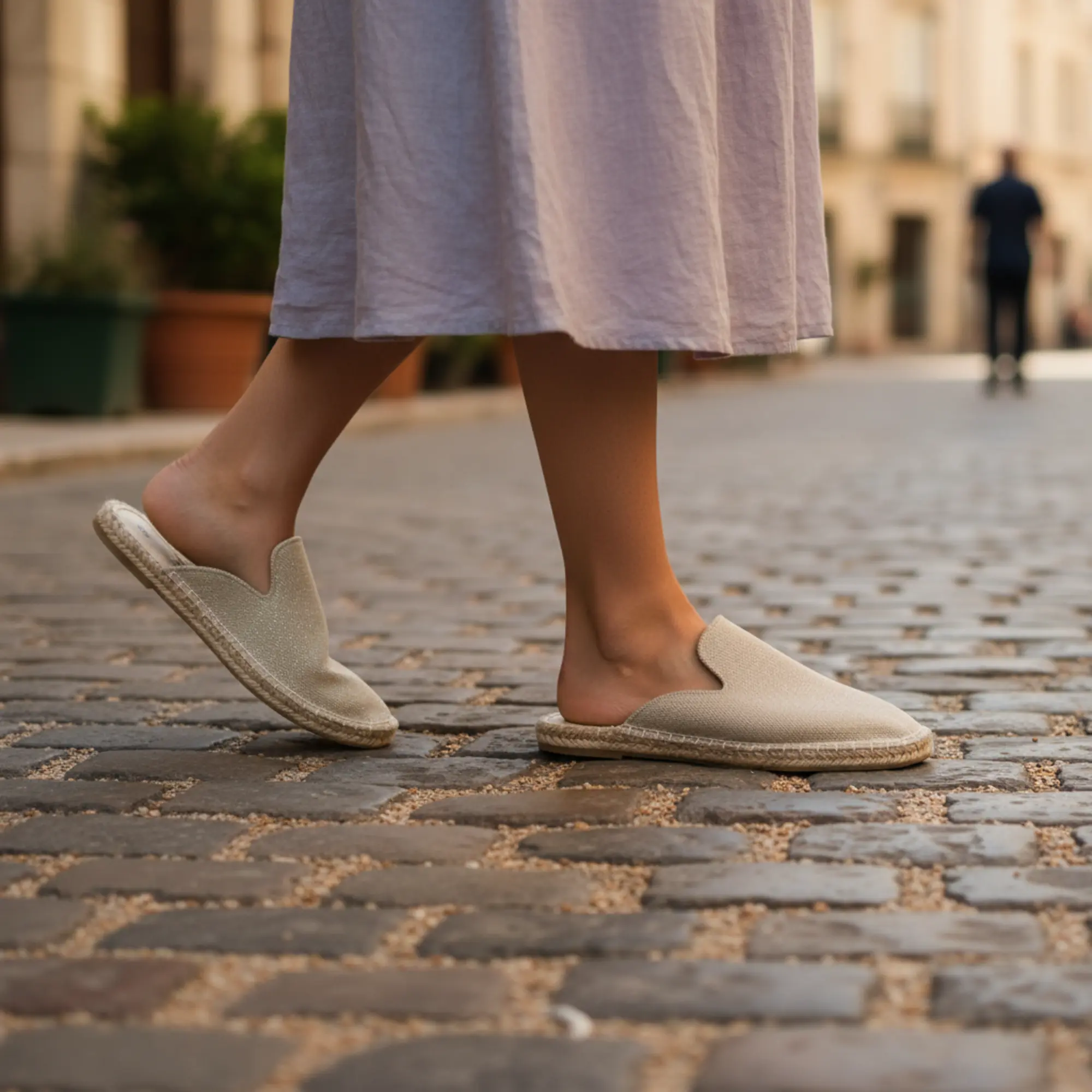 Frau trägt im Freien goldene Espadrilles.