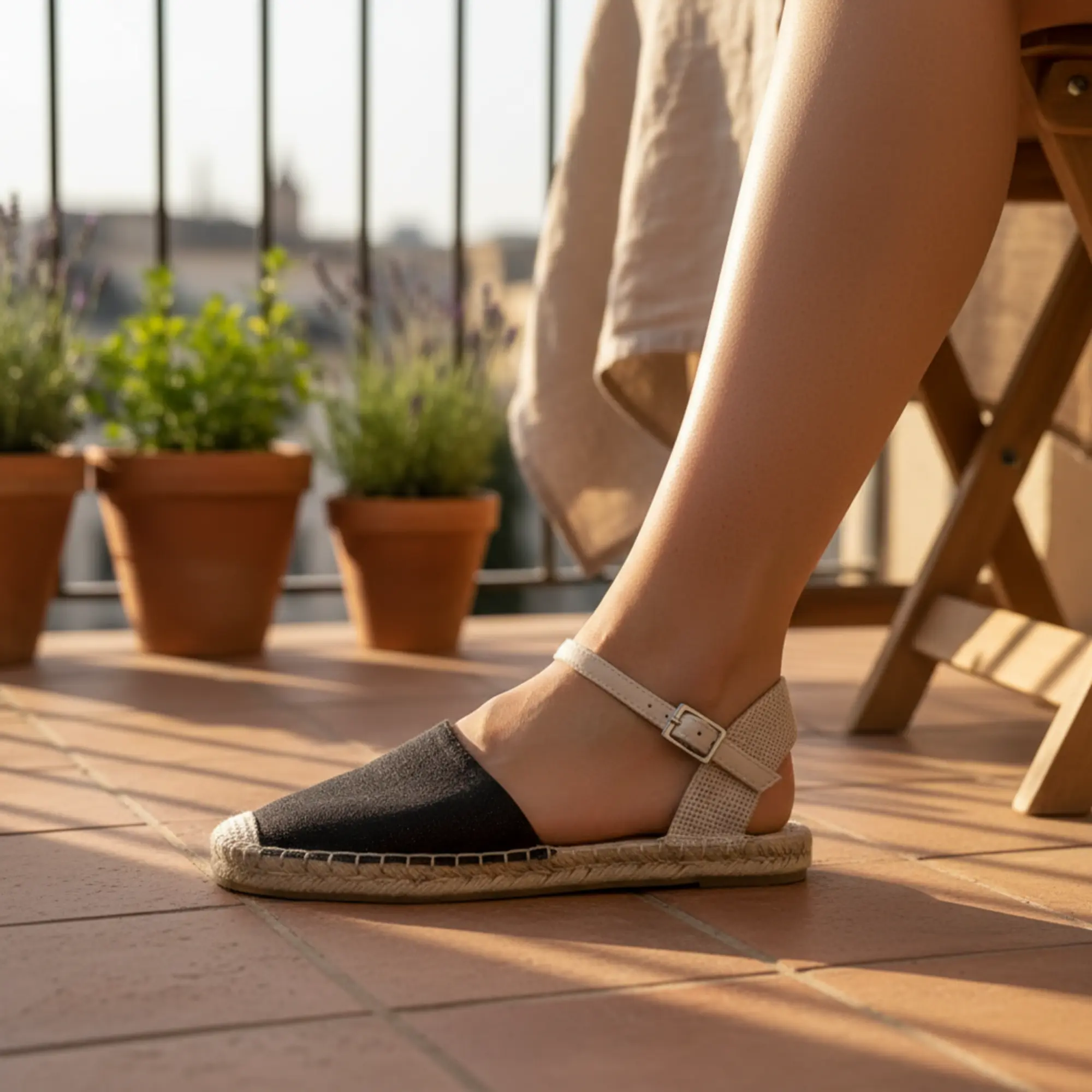 Espadrilles Sandalen aus Canvas, Sommersandalen für Damen auf dem Balkon.