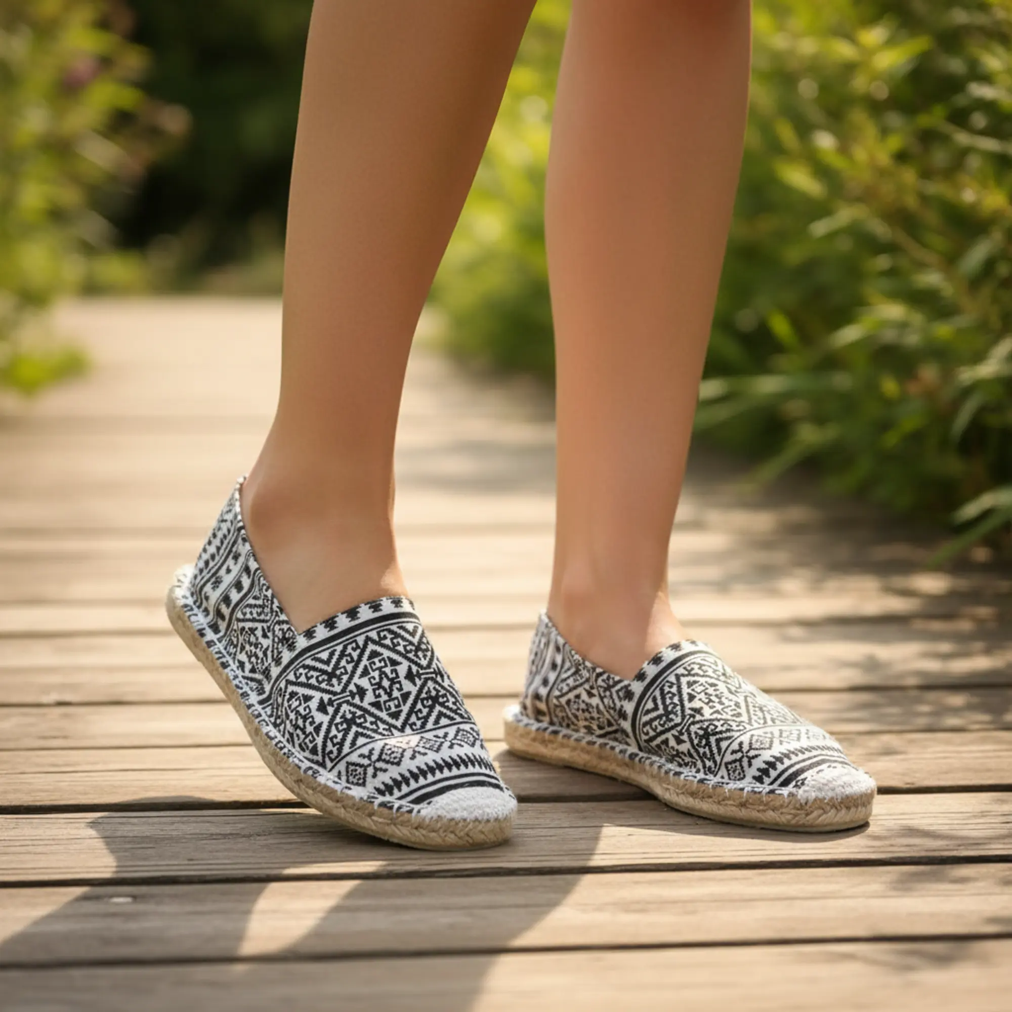 Frau trägt im Freien Espadrilles aus Canvas.