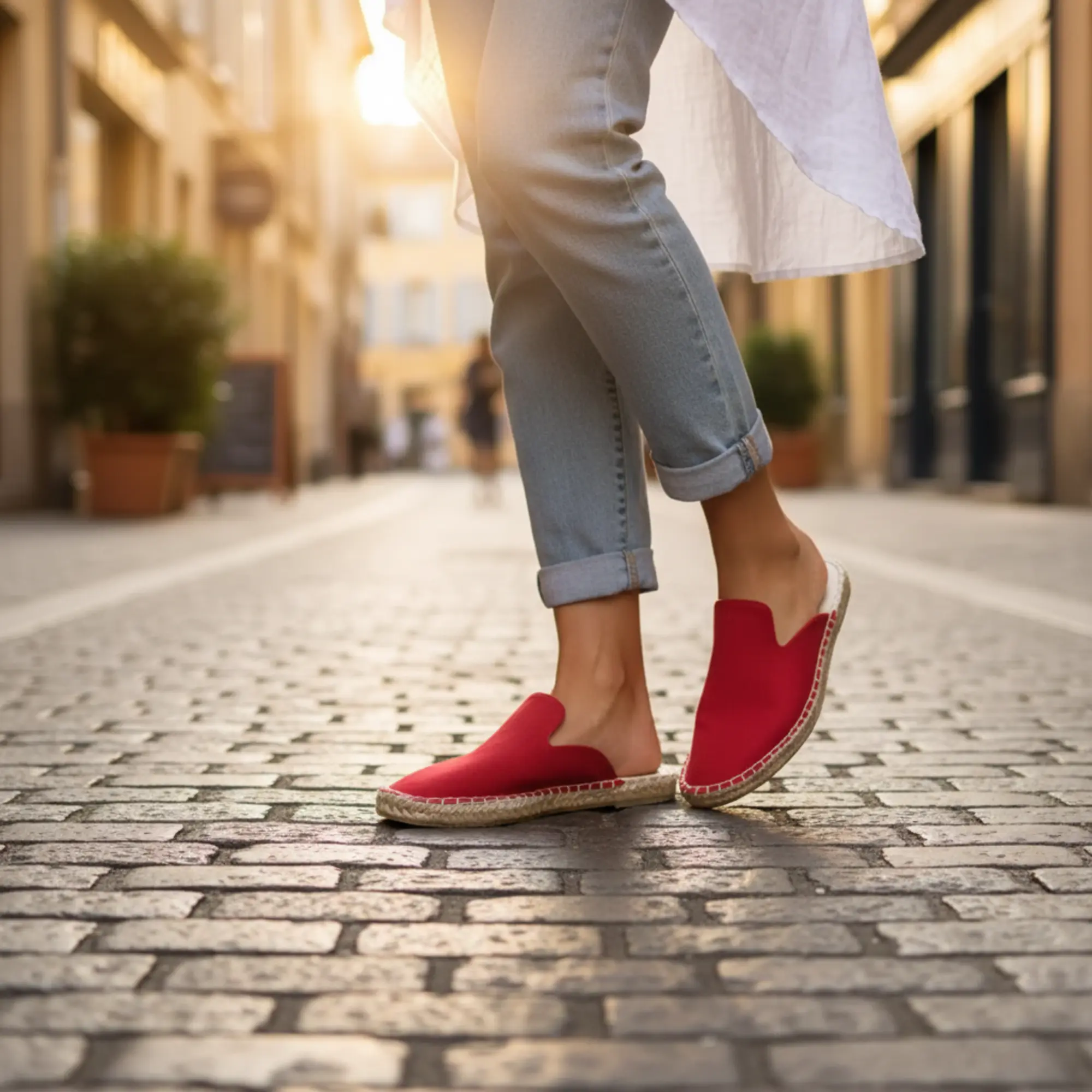 Frau in roten Espadrilles auf einer Kopfsteinpflasterstraße.